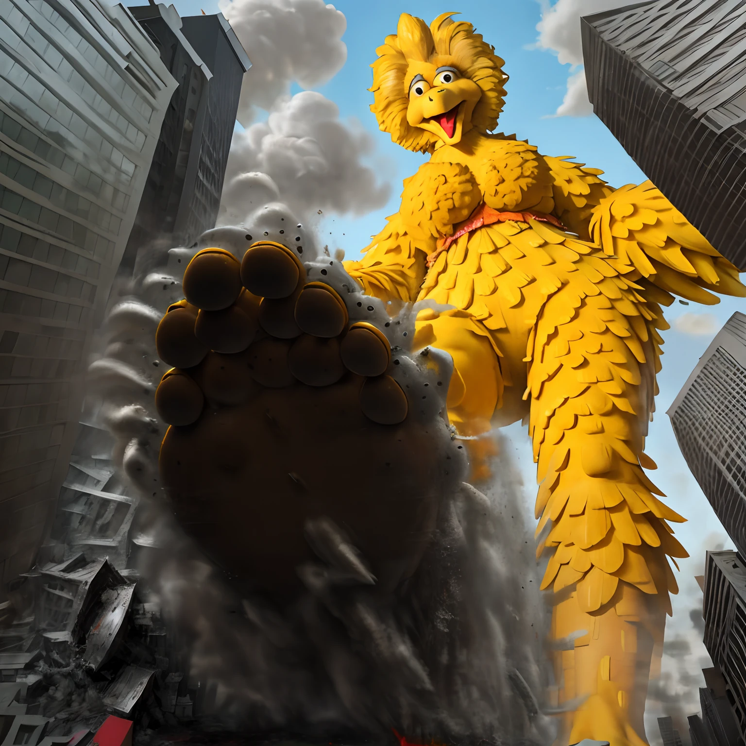 Big bird destroying a city, stomp, gts, pov, giga giantess, orange dirty paws,