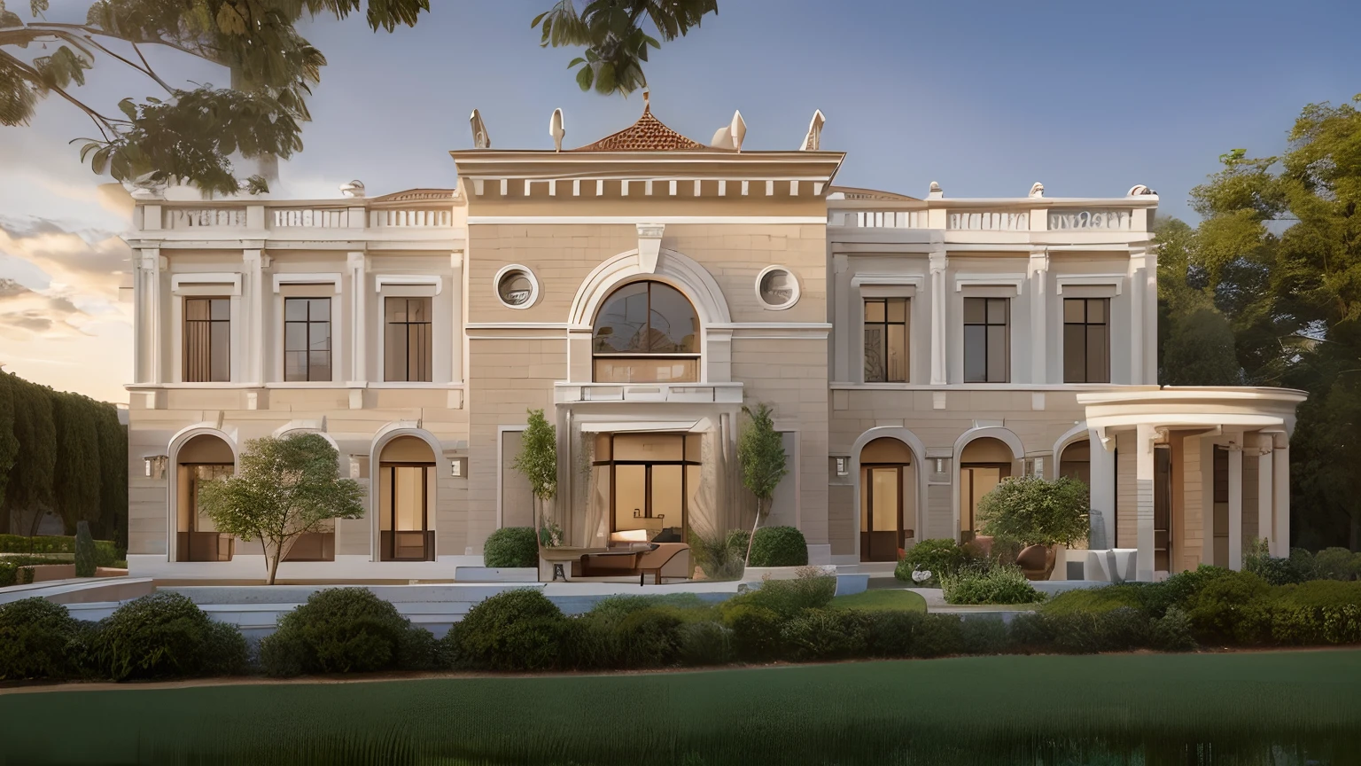 ((realistic: 1.5)),((best quality)),((detailed)), new private house in the style of Classicism architecture. Beige brick with bas-relief and brown frames ((daytime))