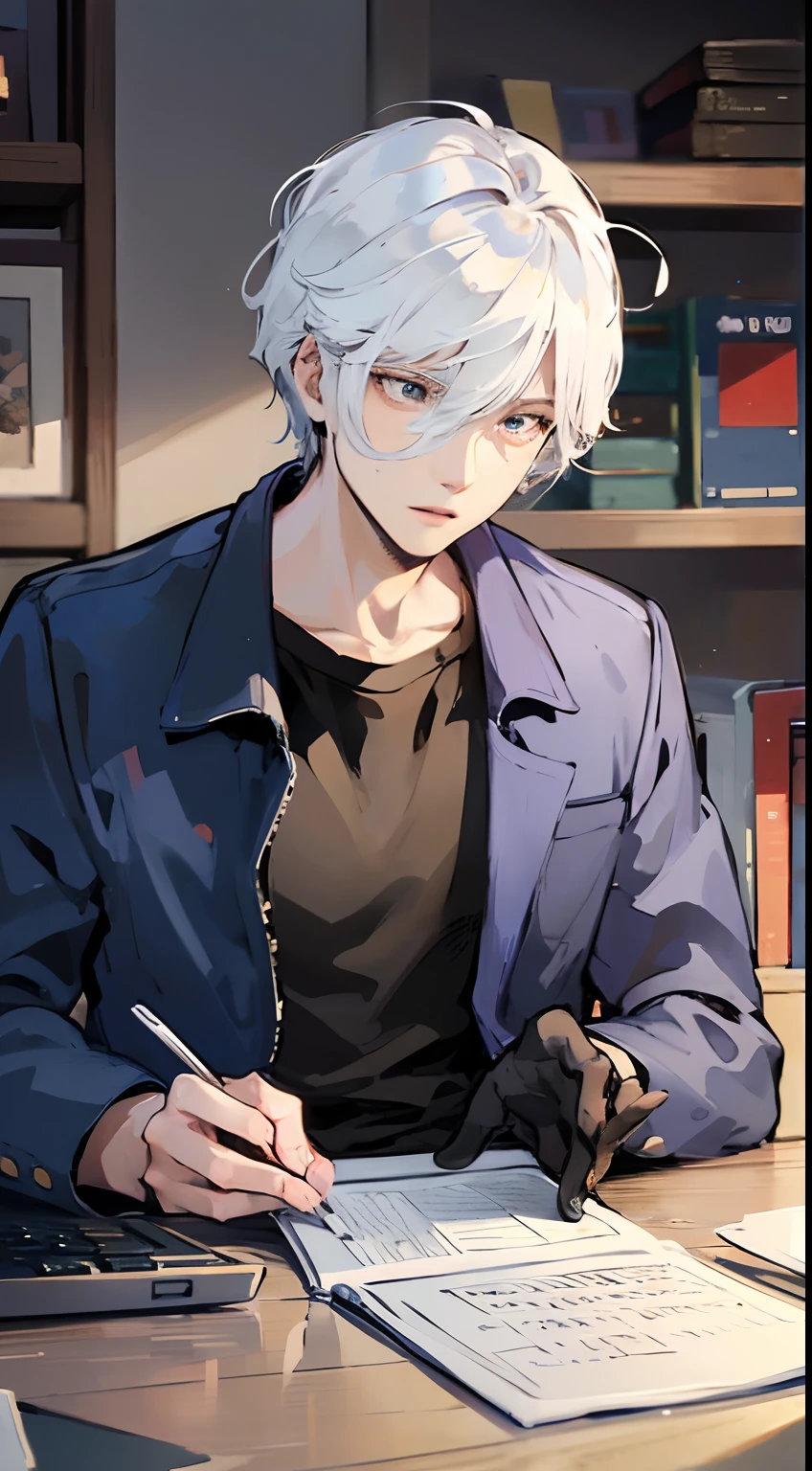 A young man sits fiddling with his laptop，White hair，A black T-shirt and blue coat, His strength is technology, Semi-realism
