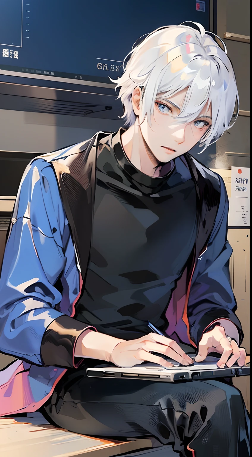 A young man sits fiddling with his laptop,White hair,A black T-shirt and blue coat, His strength is technology, Semi-realism