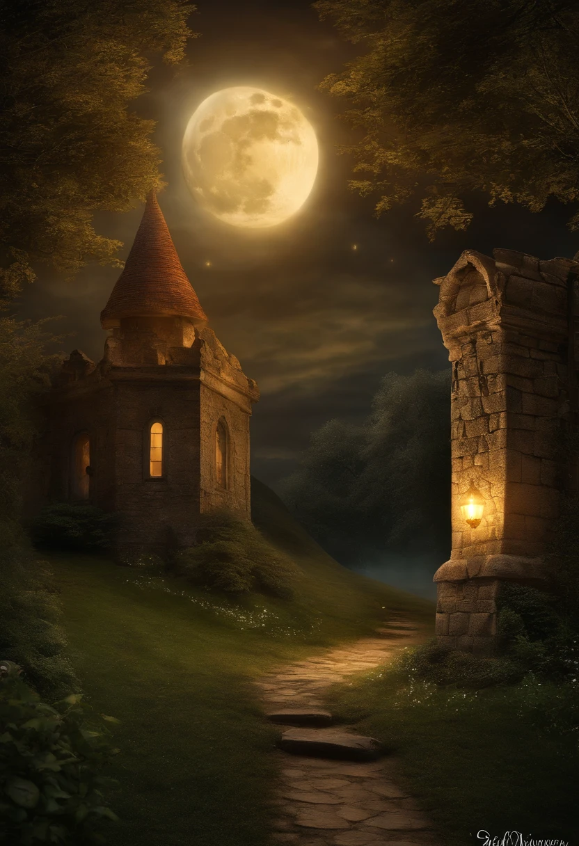 (best quality,highres),(realistic:1.37),enchanted,tower clock,beautiful old witch,castle,garden,mysterious,moonlit night,centuries-old,huge wooden door,stone walls,creeping ivy,ancient,spellbinding,enchanted forest,majestic,ethereal glow,cobblestone path,twinkling stars,enchanted creatures,dancing fireflies,whispering trees,vintage,crystal ball,sorcery,magic potions,broomstick,candlelit windows,hidden secrets,surrounded by magic,enchanted aura,sorceress,HDR,HDR,Luminous colors,soft golden light,moonlit sky