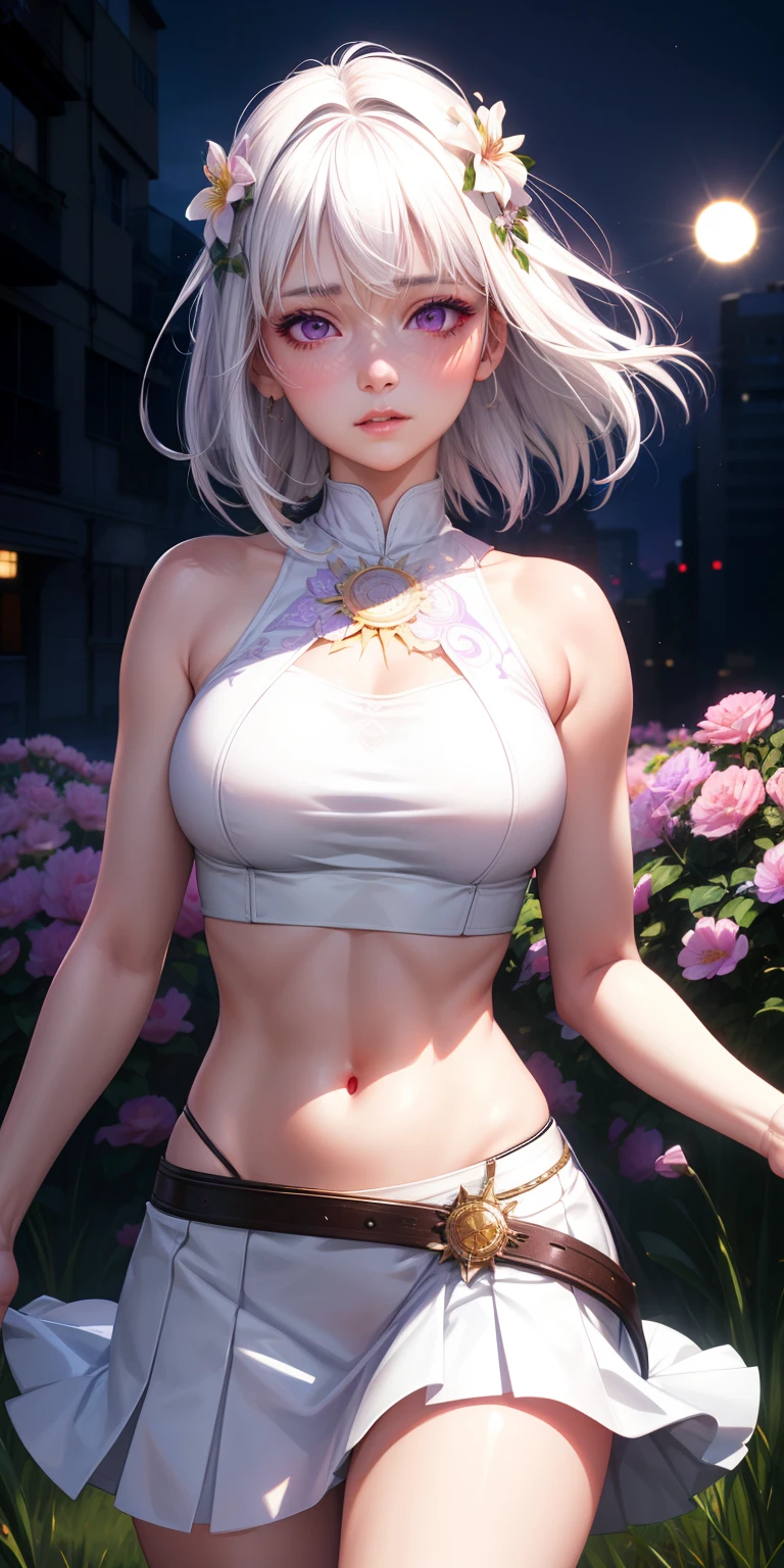 Realistic, 1girl, white hair, purple eyes, glowing eyes, crop top, skirt, parted lips, blush, night, flowers, sun, sunlight,