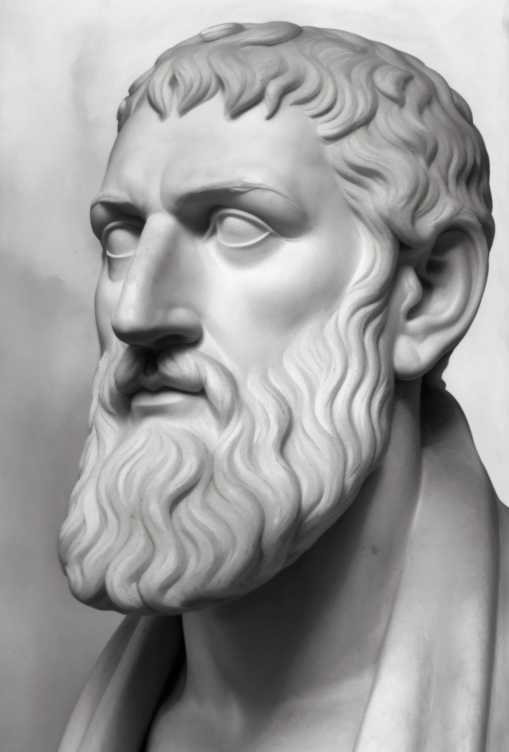 uma foto em preto e branco de um busto de um homem com barba, Stoic face, estóicismo, Stoic facial expression, Retrato Zeus, divine and stoico, theophanes, stoic, stoico and calm, um antigo rosto barbudo masculino, Stoic attitude, inspired by Nicomachus of Thebes, Retrato de Zeus