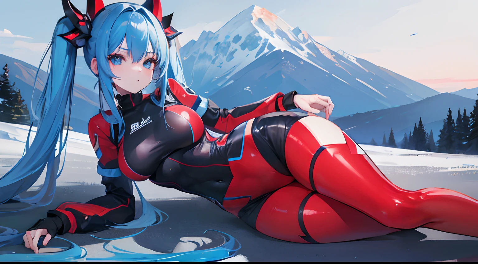 1girl, long blue hair twintail, blue eyes, wearing red skintight rubber, mountains, absurdres, high res, ultrasharp, 8K, masterpiece, looking at viewer