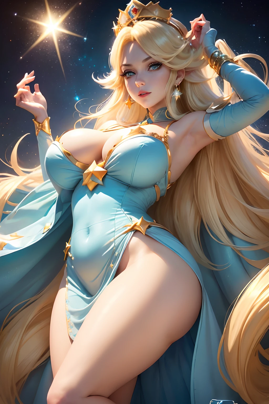 ((Princess Rosalina from super mario bros series))(she has big glowing blue eyes)(bright red lips) ((long blonde straight hairstyle))(((hair cover one eye)))(dark eyeshadows make up)((very huge breasts)) (perfect slim body) ((wear aquamarine dress, gold crown)) (crown) ((posing sexy in cosmic castle)) (masterpiece, high definition, volumetric lights and dinamic shadows)((masterpiece))(8k)(perfect face)(ultra details) (perfect hands, eyes, and face) (luma star flying around)