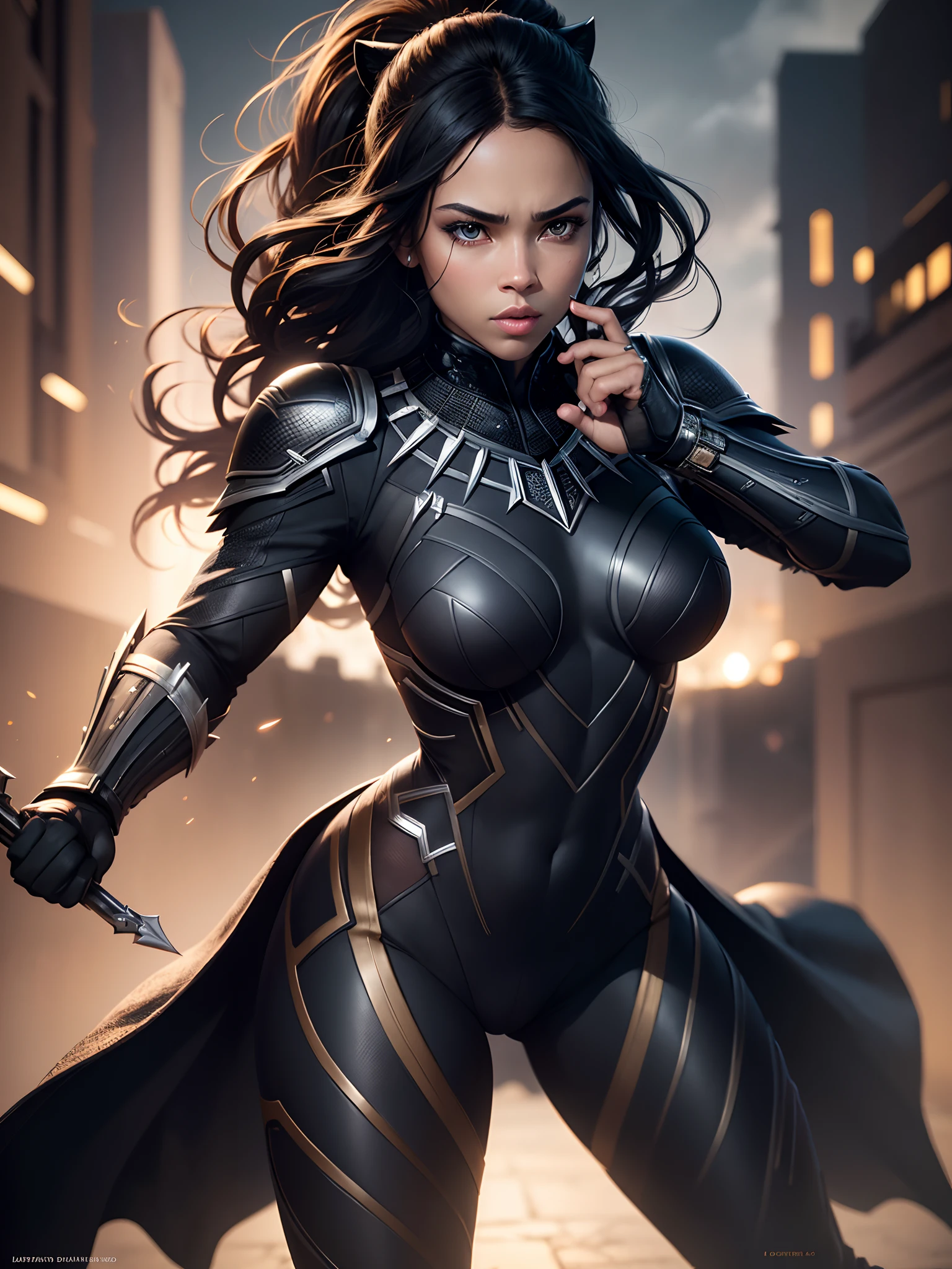 girl 25 years old, beautiful like Black Panther 8k, high definition, Detailed face, Detailed face, Detailed eyes, detailed suit, in the style of Marvel and DC, hyper-realistic, + cinematic shot + dynamic composition, incredibly detailed, sharpen, Details + Superb details + night light + perfectionism + award-winning realism ((Moody Lighting)), (One:1.4 only), (fighting poses:1.4), (Viewer facing:1.3), HD4