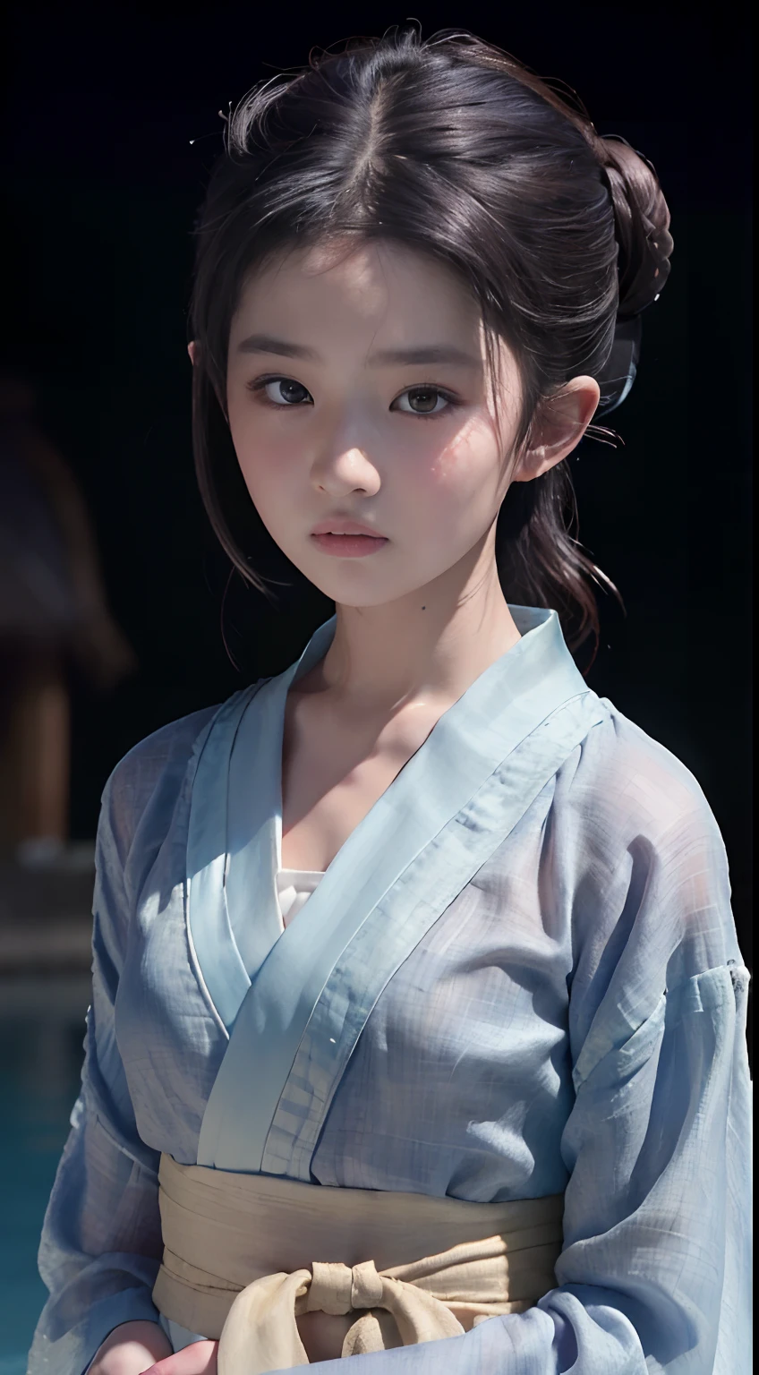 ((Best quality, 8K, Masterpiece :1.3)), Sharp focus:1.2 , Photorealsitic,(Cinematic lighting),Facial detail texture. Eye details. Double eyelids, Slender body. Super small breasts, -yeld gi photo-realistic:1.37,Perfect eyes, ((1 Girl in a close-fitting yukata)),(white sash),(Ultra-thin fabric),((Ragged linen)),With a petite figure,brunette color hair,hair-bun,Qi bangs,Stand in a cold pool,Full body like,Clothing covers the whole body,folds,((solid color backdrop)),is shy,Be red in the face