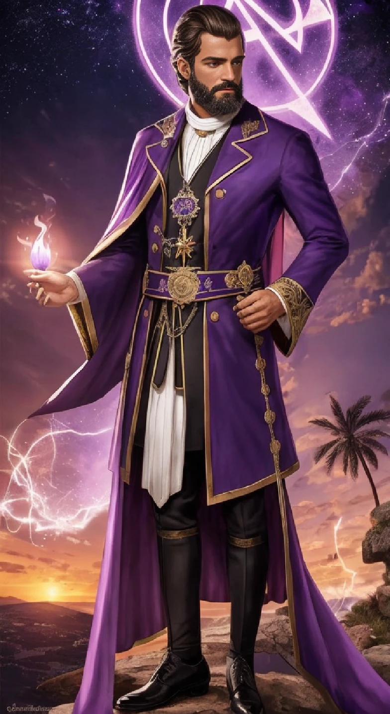 Mestre Saint Germain, homem com cabelo curto e barba, Roupa violeta, roupas de mago, Violet flame in hand, Cidade da paisagem da luz, Monte Shasta, Cruz de Malta no peito, Cruz das Cruzadas, 50 anos, With the Maltese cross on his chest and the violet flame in his hand looking at his whole body, appears from head to toe displaying his violet shoes with precious stones, show legs too, tem que ser imagem do corpo todo. barba, barba, com barba, OLHOS VIOLETA