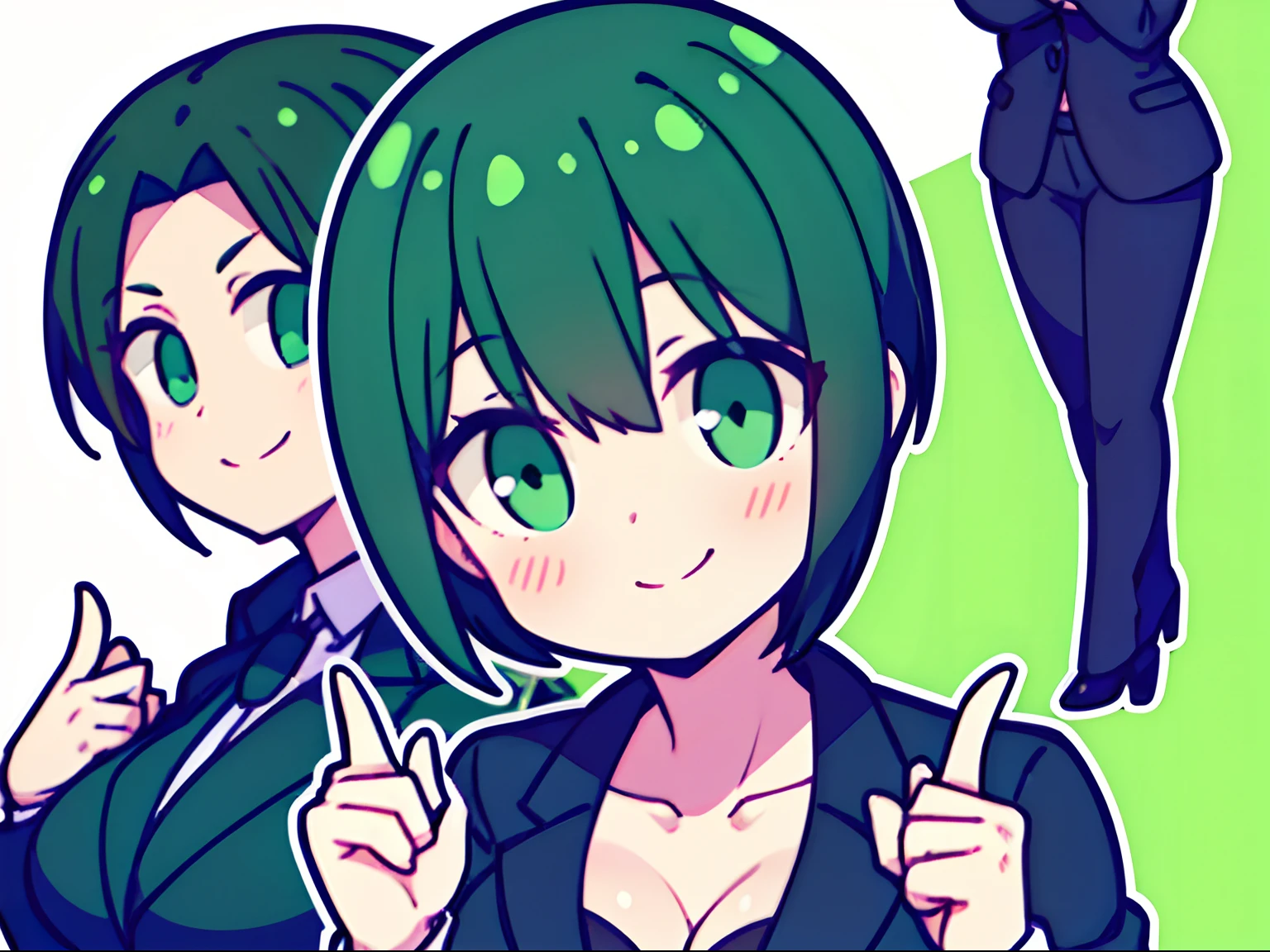 Green and black short hair very happy girl in suit
