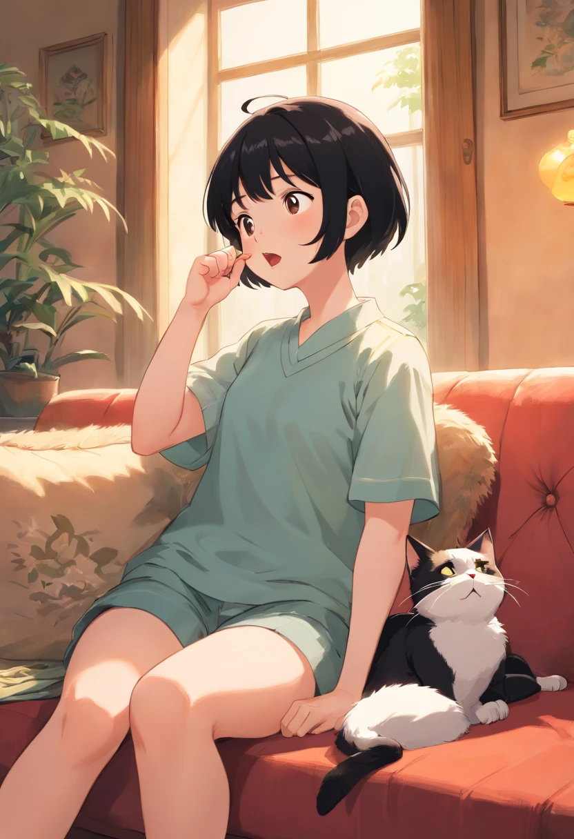 A girl, short black hair, Yawns, Stretches, Sitting on a Sofa, Beautiful picture, Delicate colors, The cat is nearby