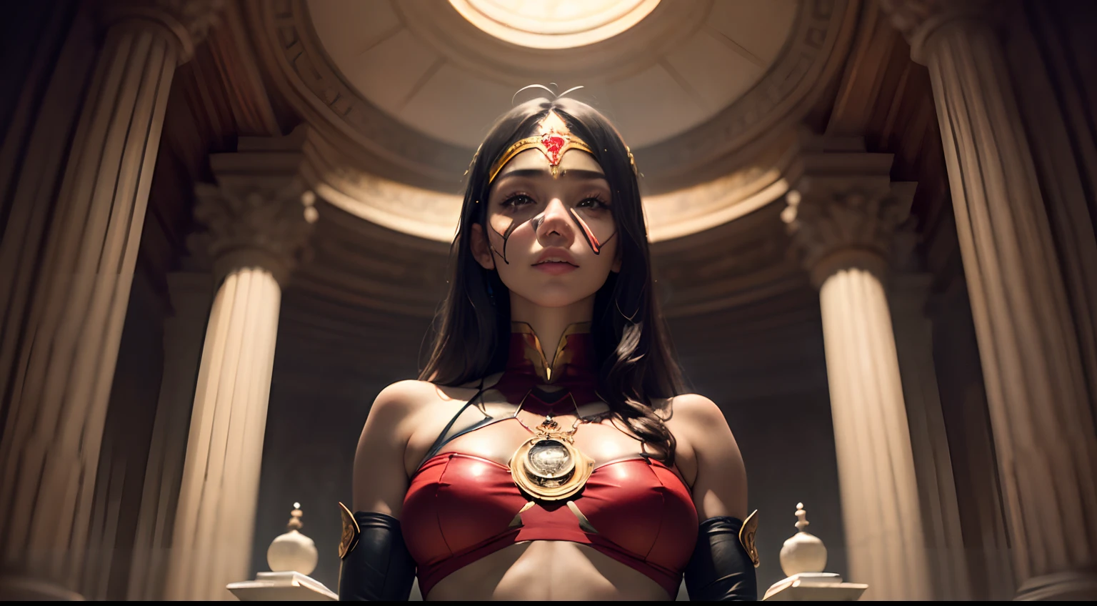 ((Foto ultrarrealista)), Voluptuous priestess with tattoos and percings on her body and an Iron Man mask, Hindu temple, bright illumination, Detalle extremo, colores vibrantes, enfoque prominente en el rostro, Enigmatic Expression.