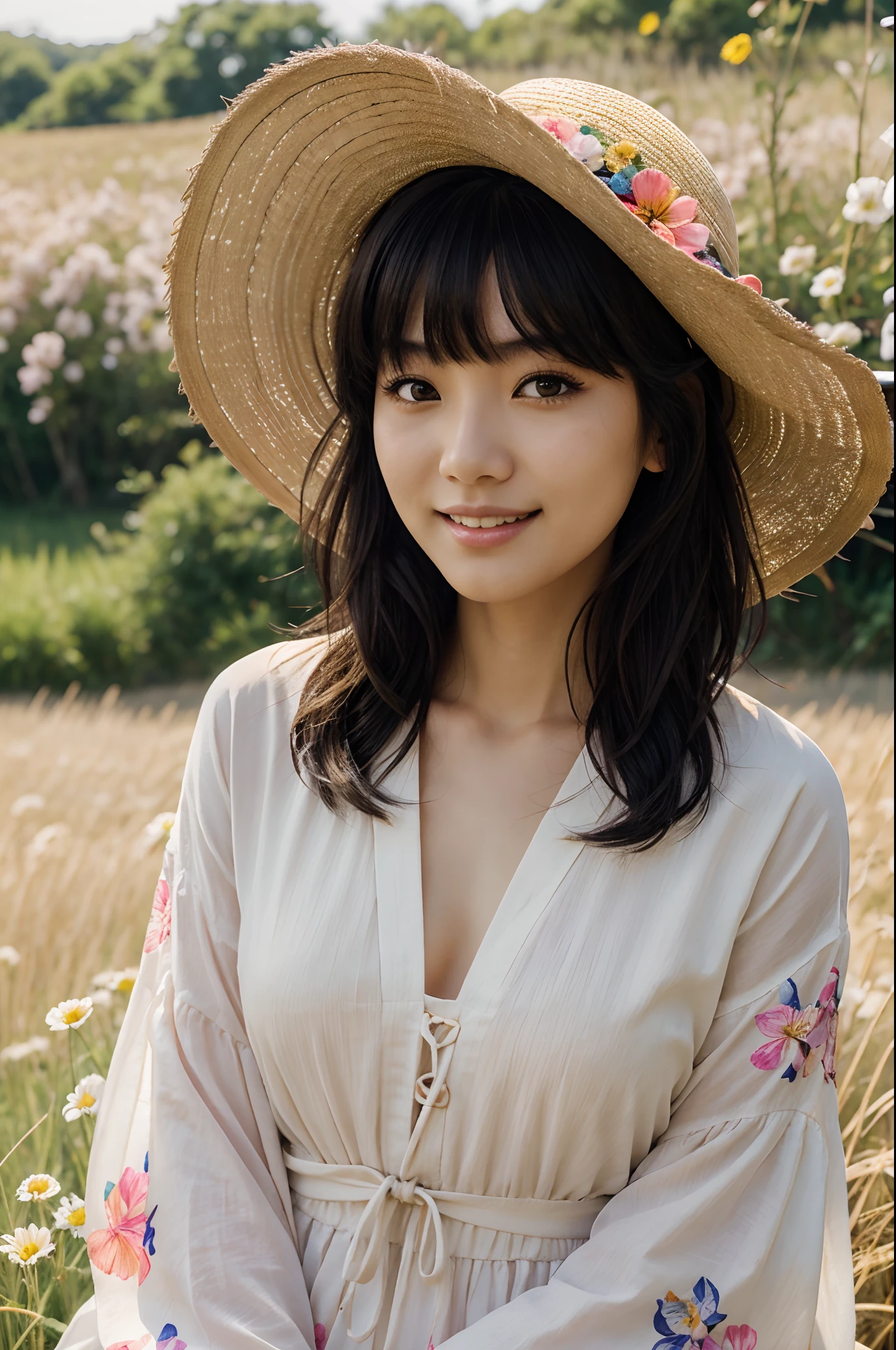masterpiece, japanese woman, worn out straw hat, windy, wavy short black hair, blush, perfect illumination, light summer clothing, sunlight, extremely detailed face, bangs, bright skin, flower field, colorful, smile
