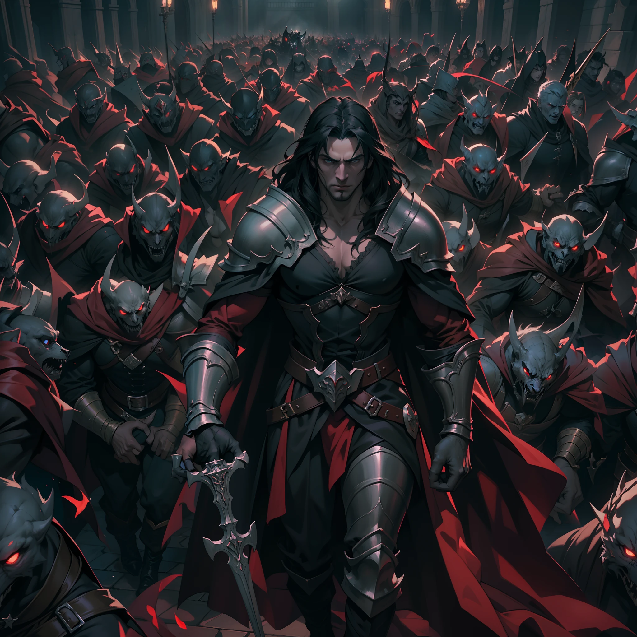 Castlevania Lord of the shadows hyper realistic super detailed Dynamic shot master piece scene cinématique scènes movie Epic Legendary Lord Dracula leading army troops of demons to battle against humains hyper realistic super detailed Dynamic shot master piece