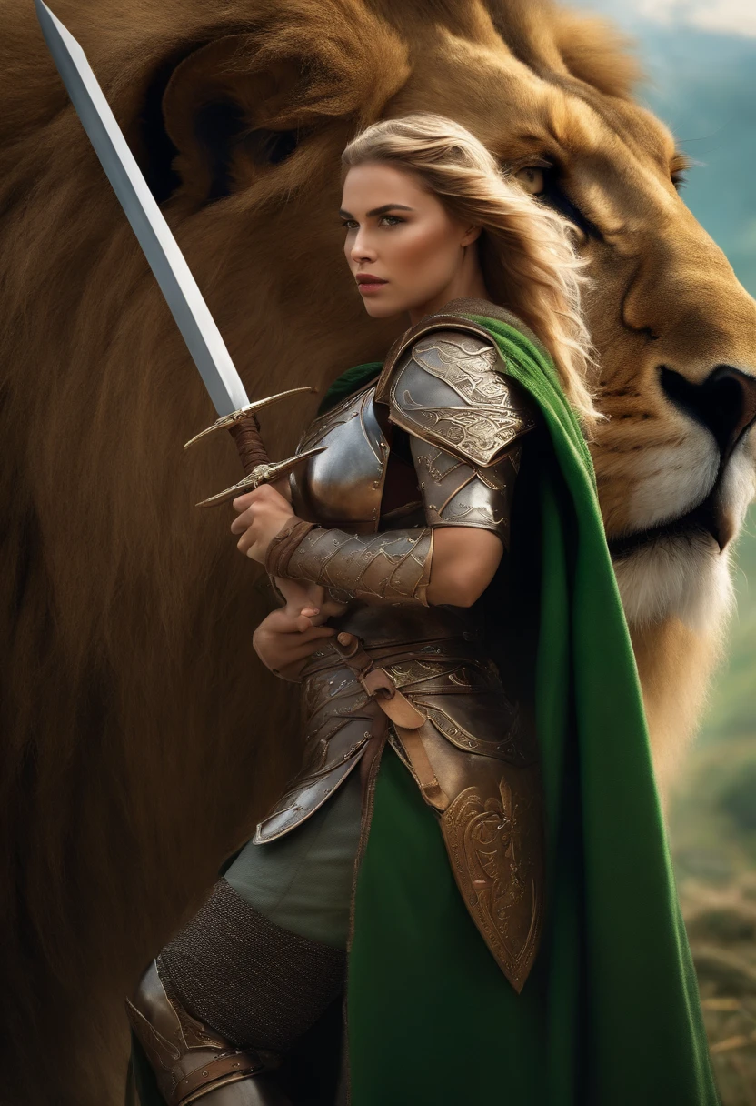 a beautiful well-dressed medieval warrior woman wielding a sword, wearing a shield and helmet. On the shield she has the face of a lion in relief. In the background there are blurry green mountains