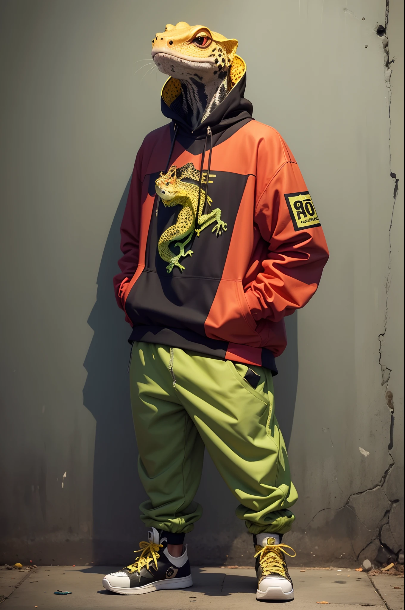 Image of a gecko-leopard reptile standing, vestindo roupas estilo hip-hop, caixas de som, estilo anos 90