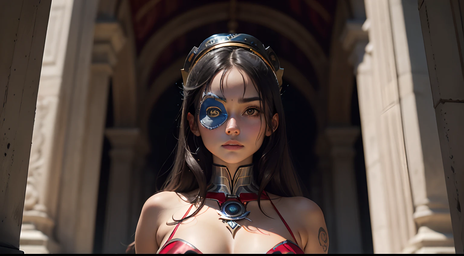 ((Foto ultrarrealista)), Voluptuous priestess with tattoos and percings on her body and an Iron Man mask, Hindu temple, bright illumination, Detalle extremo, colores vibrantes, enfoque prominente en el rostro, Enigmatic Expression.On top of a mountain