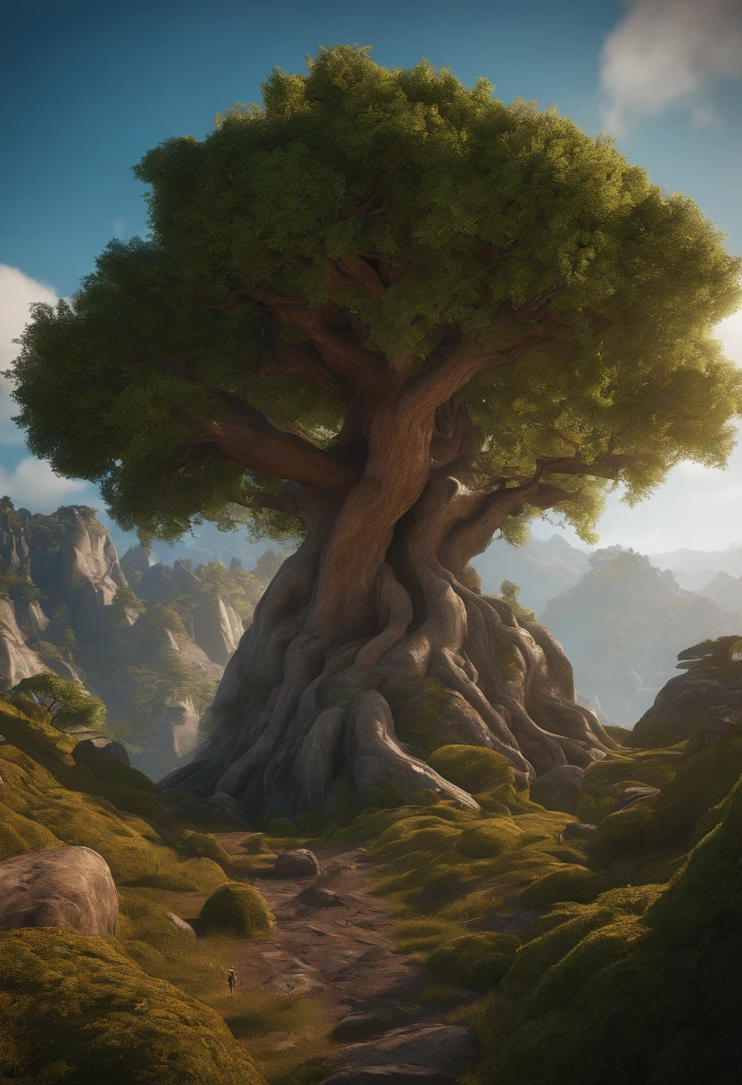 Zebaoth, Giant Epic Fantasy Tree, Huge mountains, cinematographic lens, Vue grand angle, Realstic, Detailed skins, 8k, Tendances sur ArtStation, lisse, 3d animation --ar 2:1 --V 5 --Q 2 --S 750