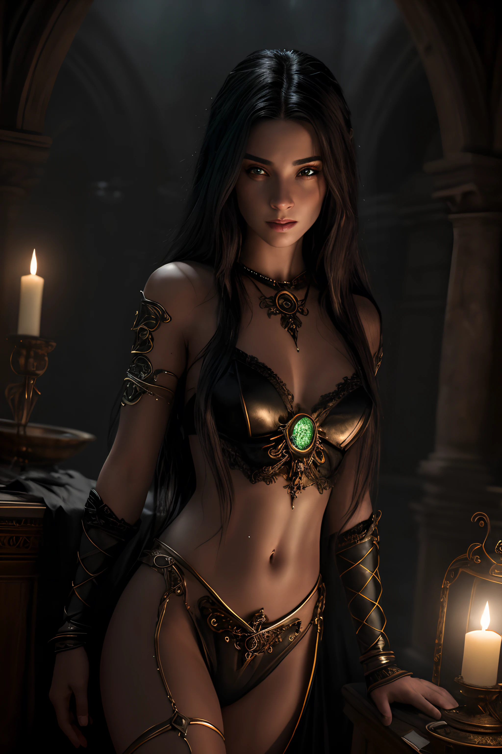 masterpiece, ultra detailed, 8K, Raw photo, Realistic light, Cinematic composition, Realistic face, Realistic skin, full body shot, 18 years, mysterious and alluring sorceress, with ebony hair and piercing green eyes, conjuring spells and potions in a dimly lit chamber cute sexy, pleasure, dramatic lighting