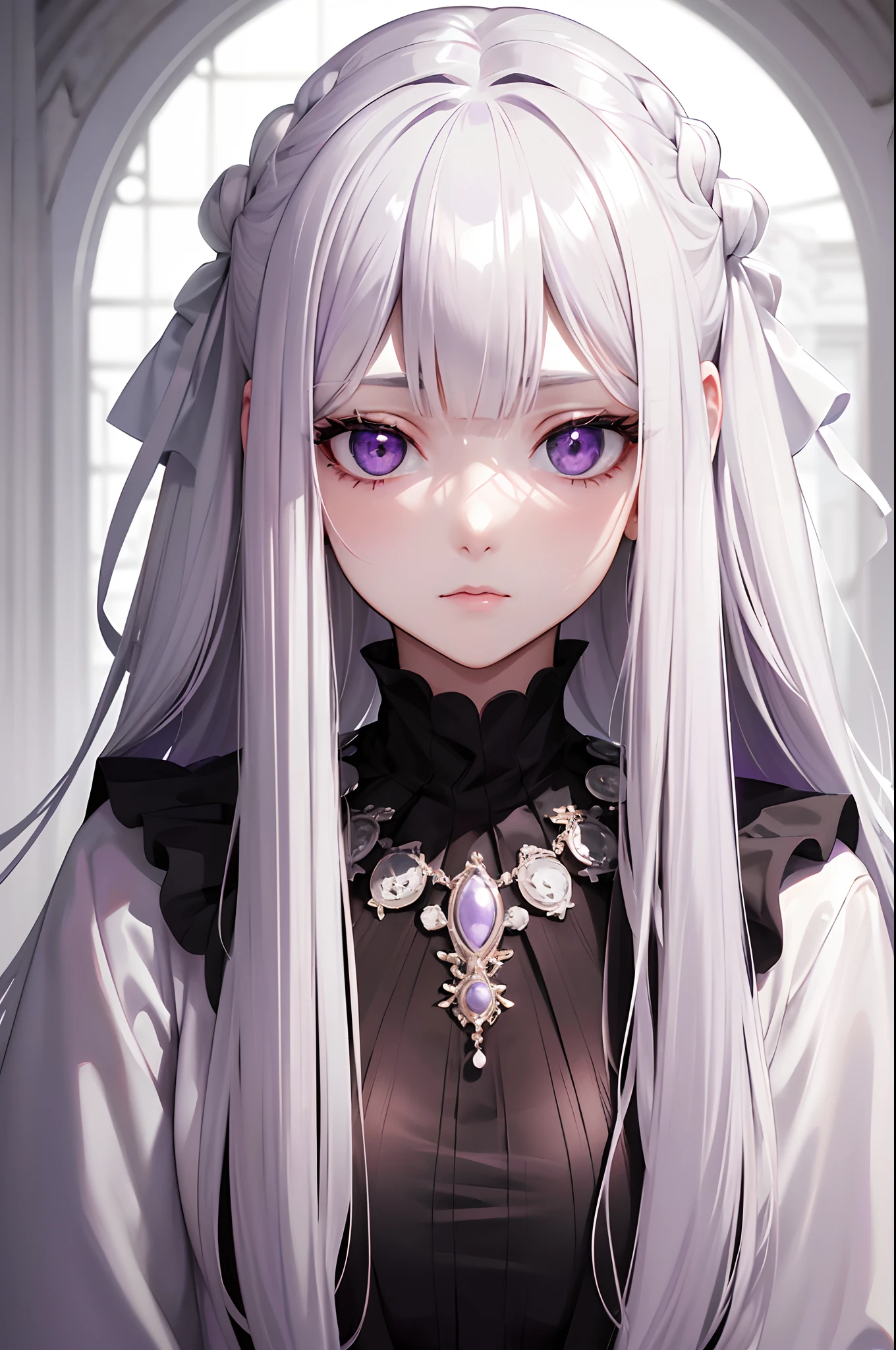 (Best quality, highest resolution, 8k, portrait, 1 girl, masterpiece, solo), white hair, long straight hair, (purple side_bangs, black fringes), expressionless face, oval head, big white pearls as accessories, white pearls necklace, intricate white robe, grey peplum shirt, marble ruins in background