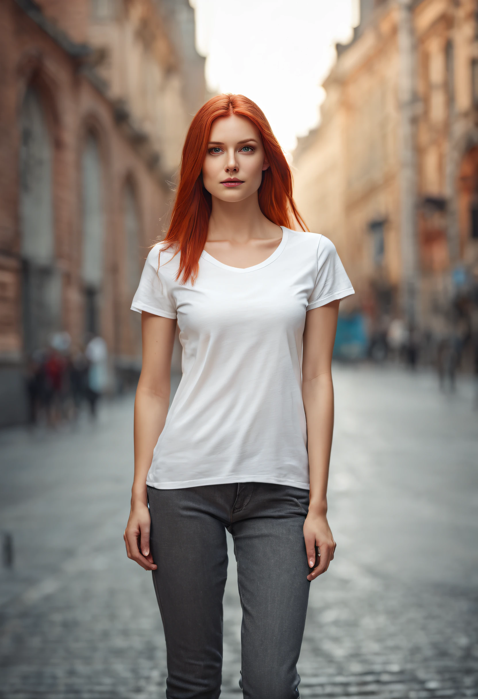 full portrait of a beautiful 25 year old girl in (blank white t-shirt ) ,light red hair, Moscow street as a background, ((front view)), soft shadows, Photorealistic, Afternoon time, 8k, UHD, intricate details, sharp focus, depth of field, volumetric lighting, ultra HD, realistic, vivid colors, highly detailed, UHD drawing, pen and ink, perfect composition, beautiful detailed intricate insanely detailed octane render trending on artstation, 8k artistic photography, photorealistic concept art, soft natural volumetric cinematic perfect light