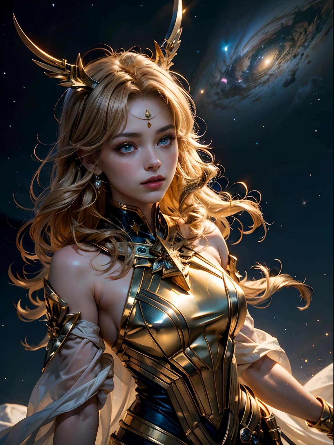 Sagittarius，Magical golden Sagittarius astrolabe，Sagittarius image, demihuman, half horse，((Charming Sagittarius female character:1.2),(Sagittarius symbol:1.1),starryskybackground,The stars twinkle,A sense of mystery,Cosmic elements,Majestic and deep atmosphere,Gorgeous decorative details,mesmerizing eyes,long hair flowing,starlight embellishment,dream colors)