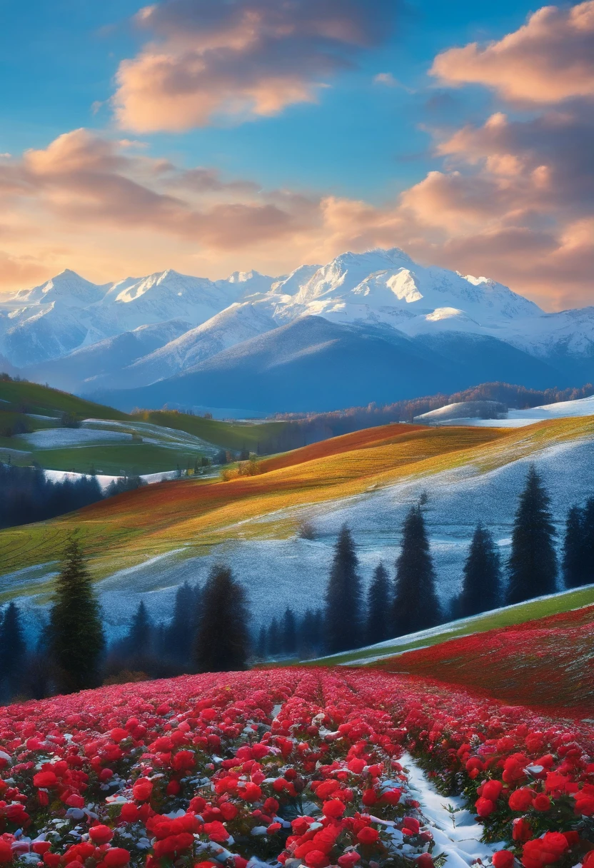 An illustration of roses field, snow mountain, blue sky