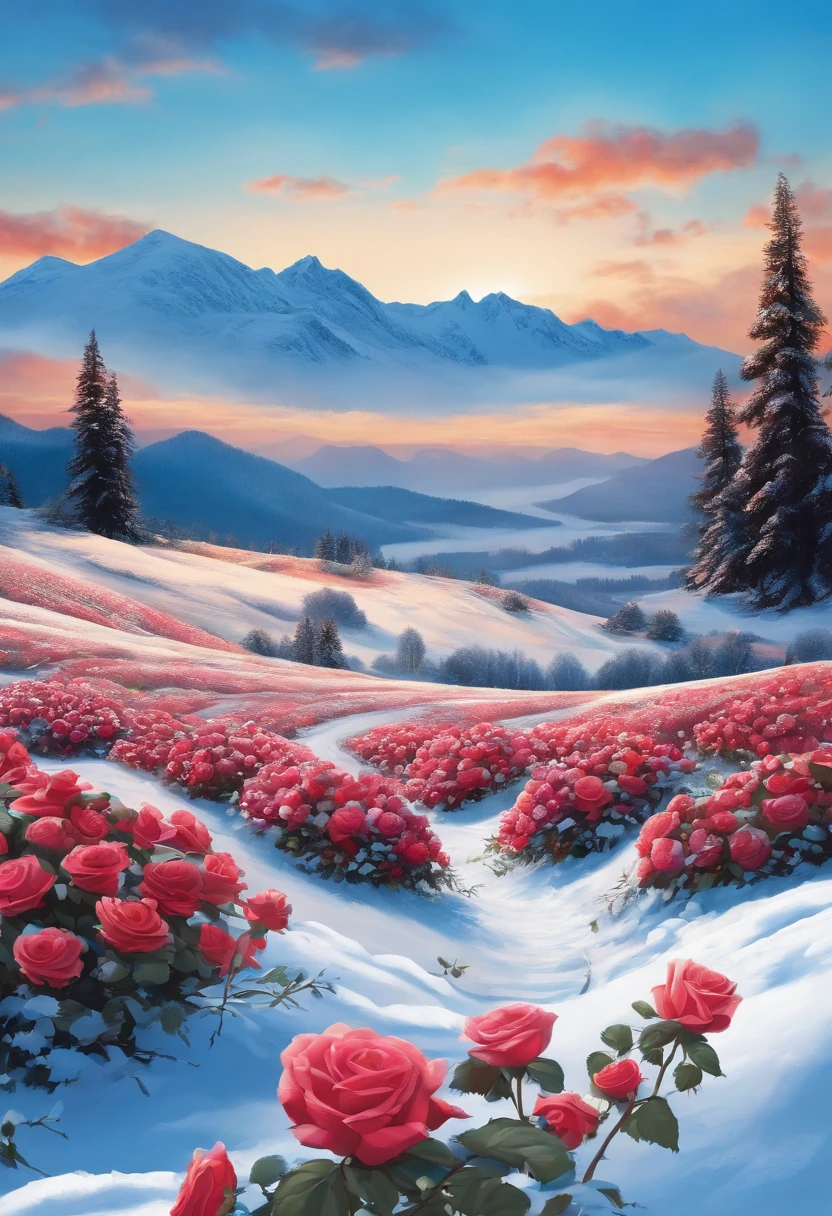 An illustration of roses field, snow mountain, blue sky