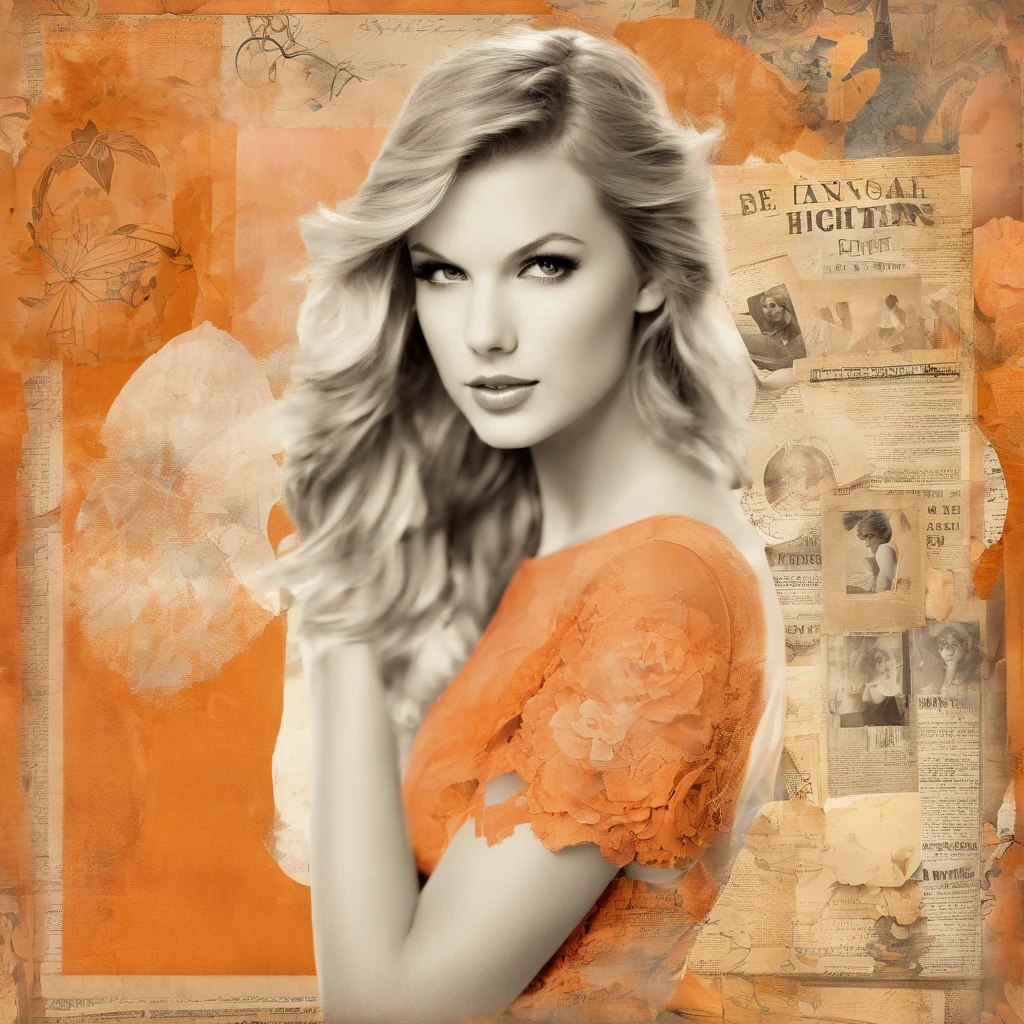 Beautiful girl ,taylor swift, old photo, orange,   (highres, best quality:1.2), radiance, soft contours,