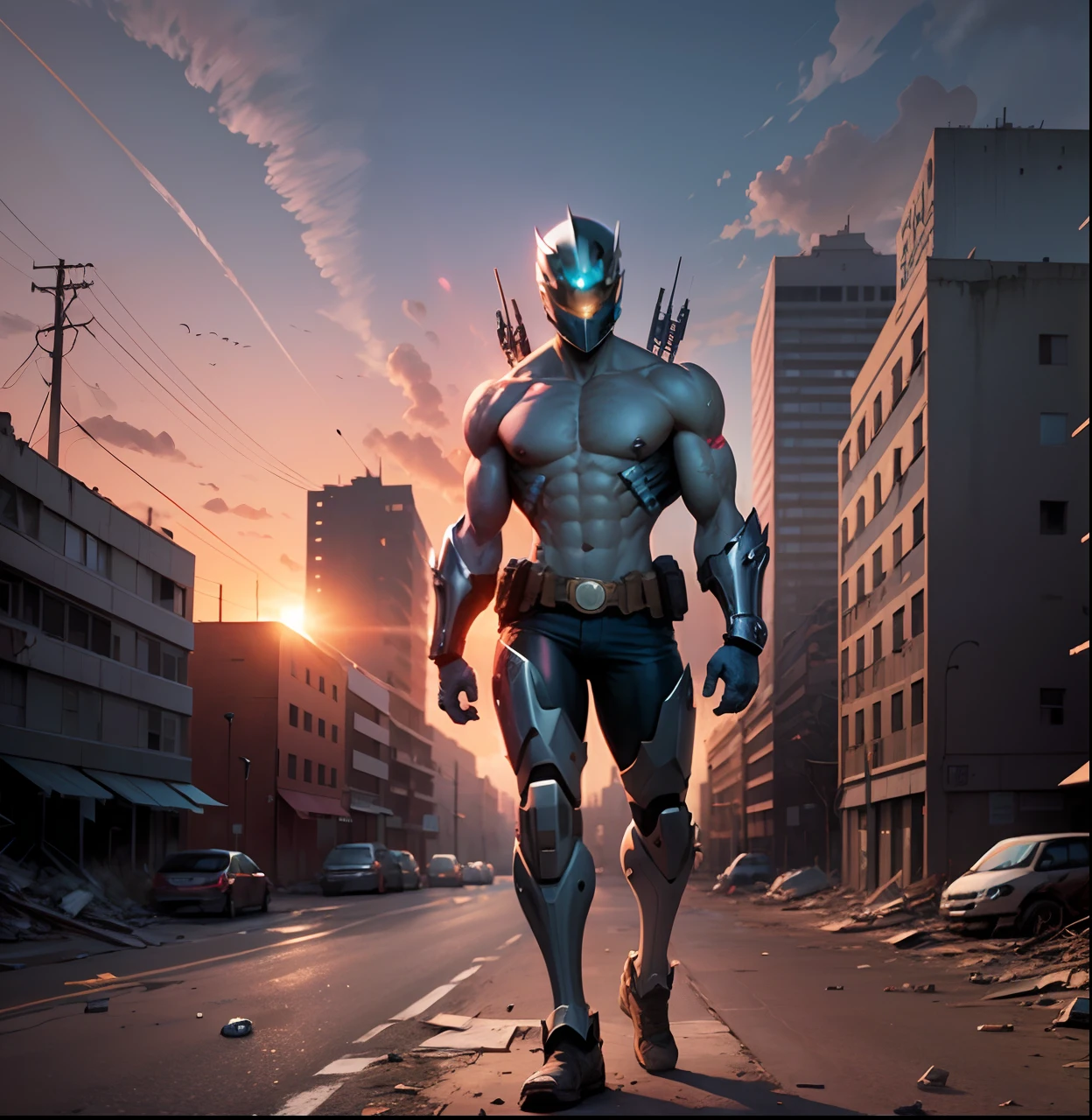 Comic book style desolate são jorge hybrid cyborg in post apocalyptic abandoned city, vibrant sunset sky, vibrant colors, line art --auto --s2