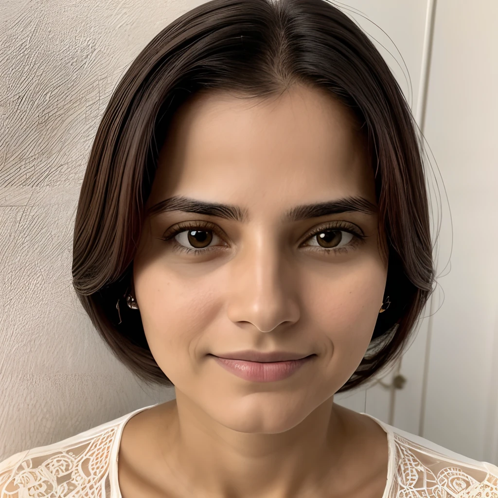 garota ultrarealista 25 anos, Skin without makeup looking at the camera wearing a blouse
