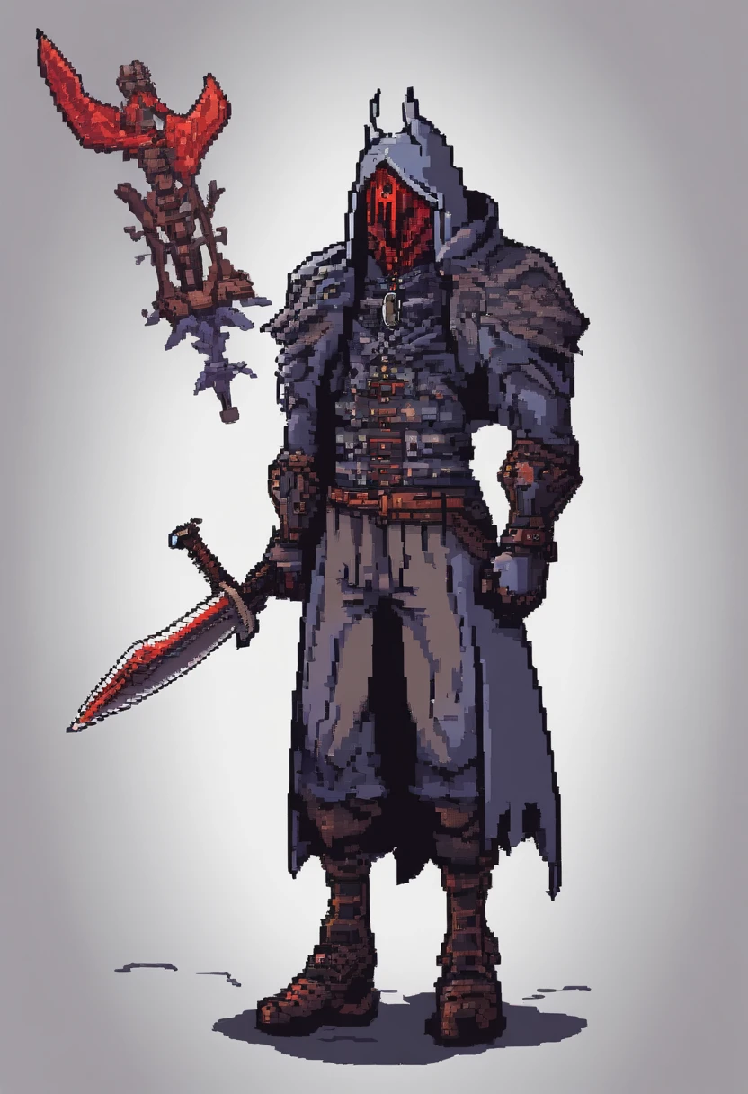 Hombre de 1,80 with a reddish robe that covers his entire body in the style of Bloodborne hunter. Su cabello es pelirrojo y corto. His eyes are blue but the left has it closed and a scar that begins with the first eyelid and ends in the last. Posee una barba sombreada y su piel es blanca. En la mano derecha sujeta una mandoble, the left is a Guts-style prosthetic arm. Todo su cuerpo se encuentra envuelto en llamas mientras mira imponente a las criaturas de la noche.