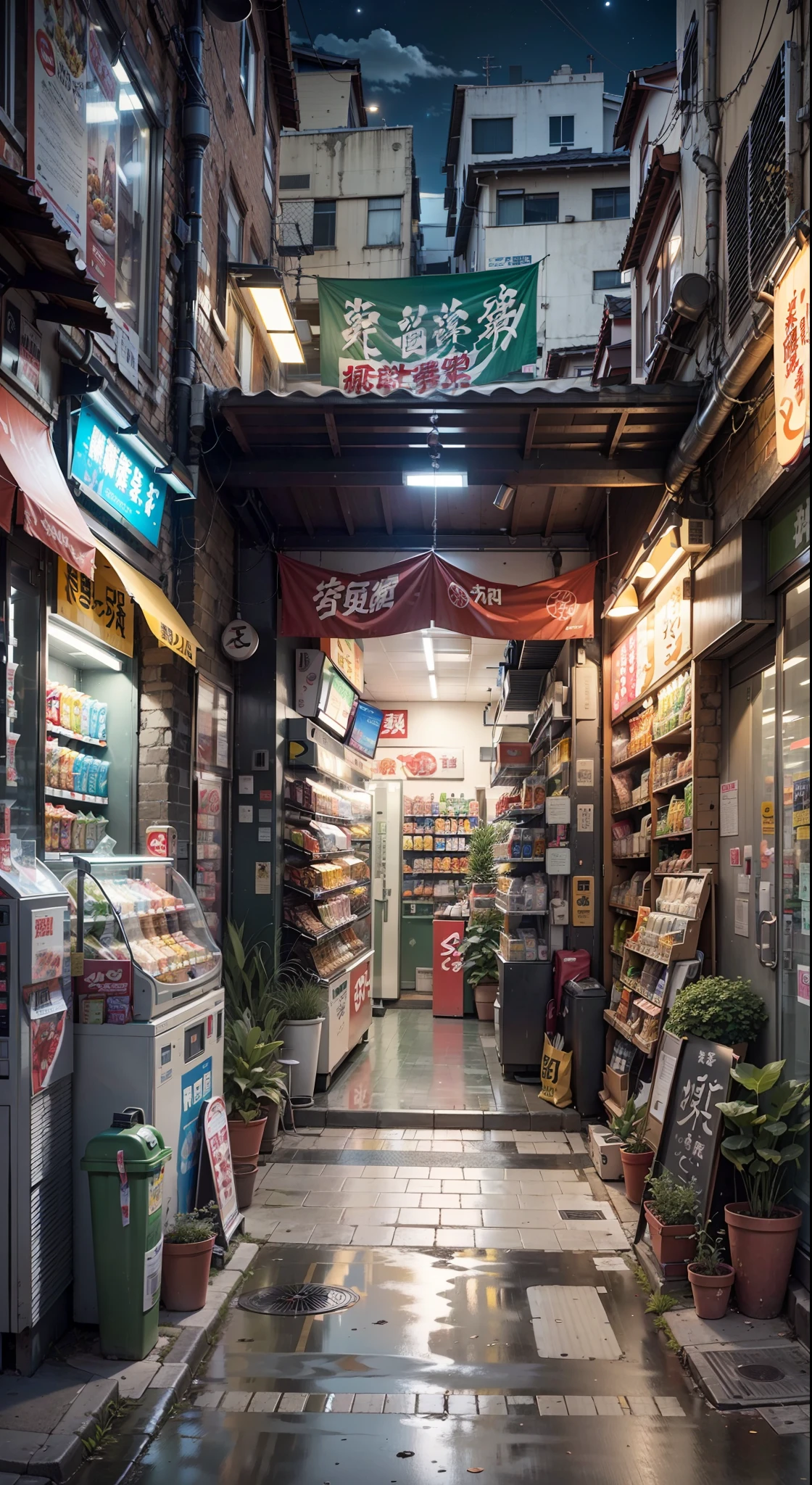 Anime background, empty, modern compact Japanese downtown street. anime, anime style. vending machines, trash cans, plant pots, drains, air vents, gutters, pipes, wires, big Japanese shop signs, retro Japanese shop banners. (no one :1), no one in sight. night time. best quality.