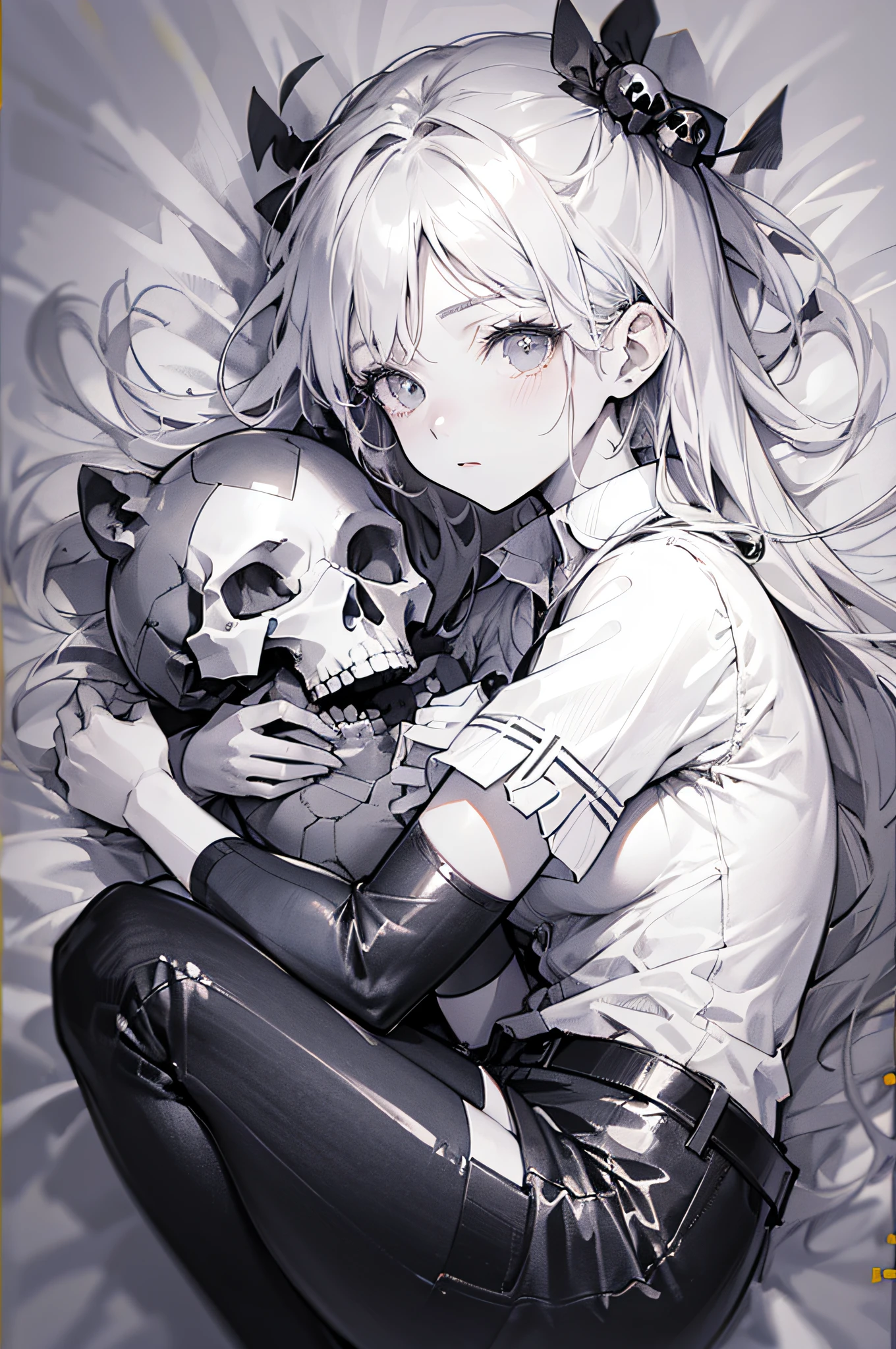 Drawing of a woman lying on a bed with a stuffed animal, monochrome artwork!!, 2 b, 2b, anime skull portrait woman, por Shitao, high quality sketch art, anime sketch, por Kamagurka, Arte Zerochan, line sketch!!, pencil and ink manga drawing, por Ei-Q, the anime girl is crouching