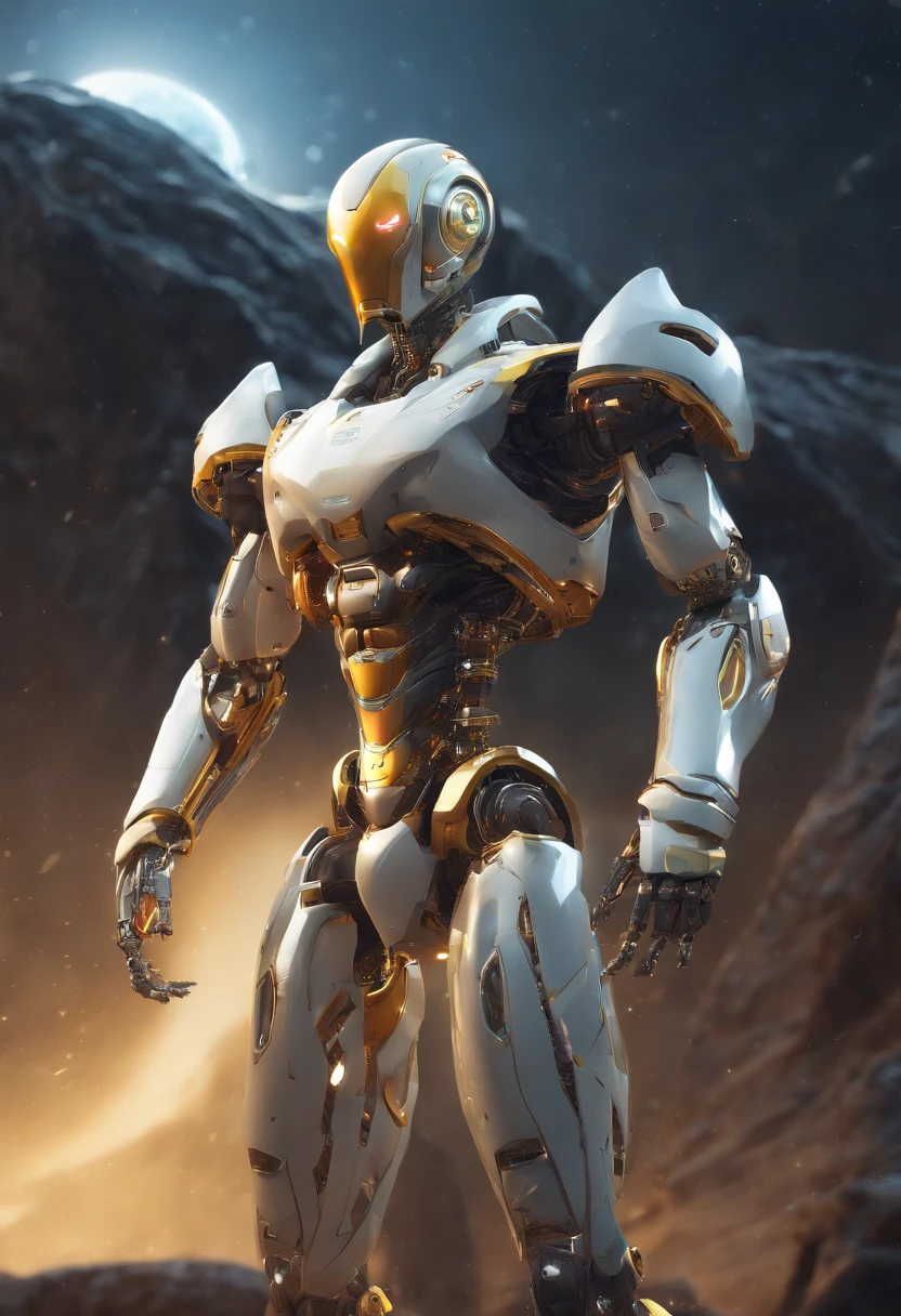 Homme robot avec du charisme , Photorealistic style, Organisme, Science-fiction, Sombre, texture lisse, exosquelette brillant, Biomechanical design, elongated head, elongated jaw, dents pointues, Hard golden eyes, slender body, Biomechanical tail, Film translucide, Cheveux blancs，ambiguous atmosphere, Paysage extraterrestre luxuriant, flore vibrante, Mysterious rock formations, atmospheric lighting, cascades en cascade, Ethereal mist, Ciel extraterrestre lointain, Fascinating celestial bodies