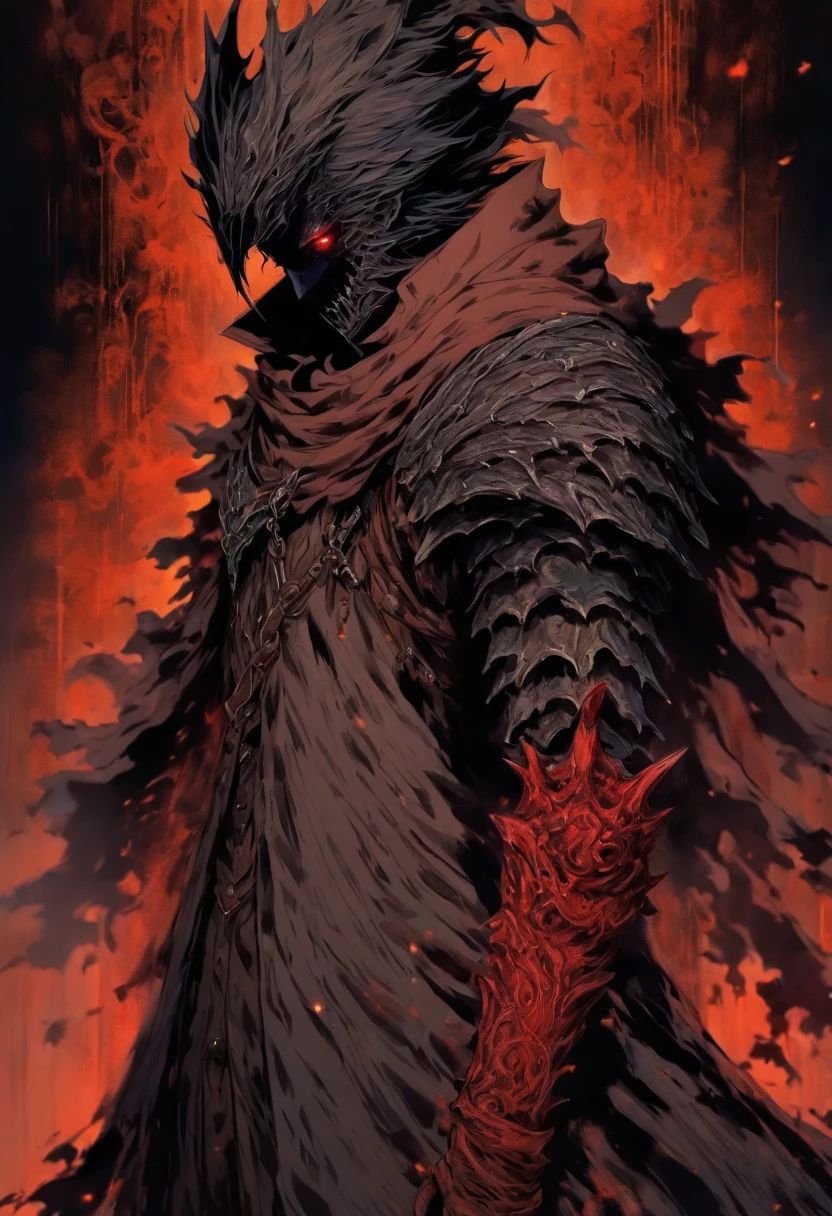 Hombre de 1,80 with a reddish robe that covers his entire body in the style of Bloodborne hunter. Su cabello es pelirrojo y corto. His eyes are blue but the left has it closed and a scar that begins with the first eyelid and ends in the last. Posee una barba sombreada y su piel es blanca. En la mano derecha sujeta una mandoble, the left is a Guts-style prosthetic arm. Todo su cuerpo se encuentra envuelto en llamas mientras mira imponente a las criaturas de la noche.
