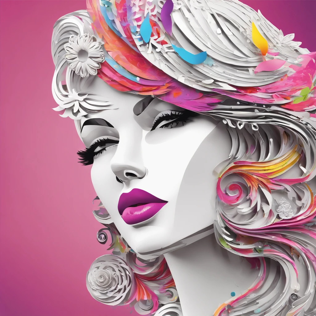 (Masterpiece, Best Quality, High Resolution), White Background, ((Paint Splash, Color Splash, Splash of Ink, Color Splash)), Sweet barbie Girl, Rainbow Hair, Pink Lips, Front, Upper Body