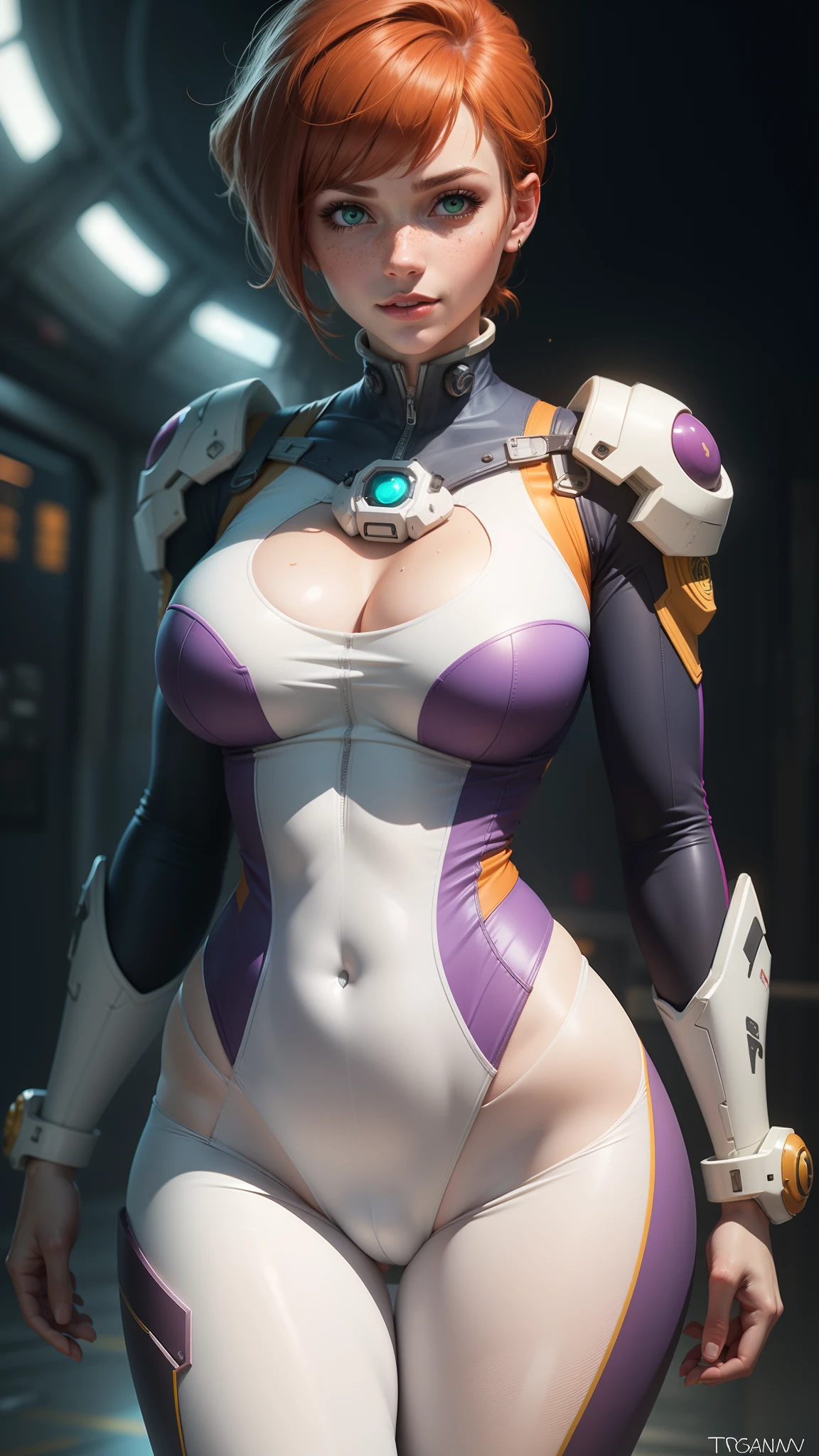 gwen tennyson,tracer,samus,rebecca chambers,overwatch,gundam,1girl,close up,mecha pilot,space port,mecha space suit,space marine,pirate corset,white long sleeve lycra top,wet body,white leggings,short hair,war makeup,green eyes,orange hair,purple highlights,shy smile,freckles,redhead,beautiful girl,large breasts,ultra detailed,realistic,fantasy art,