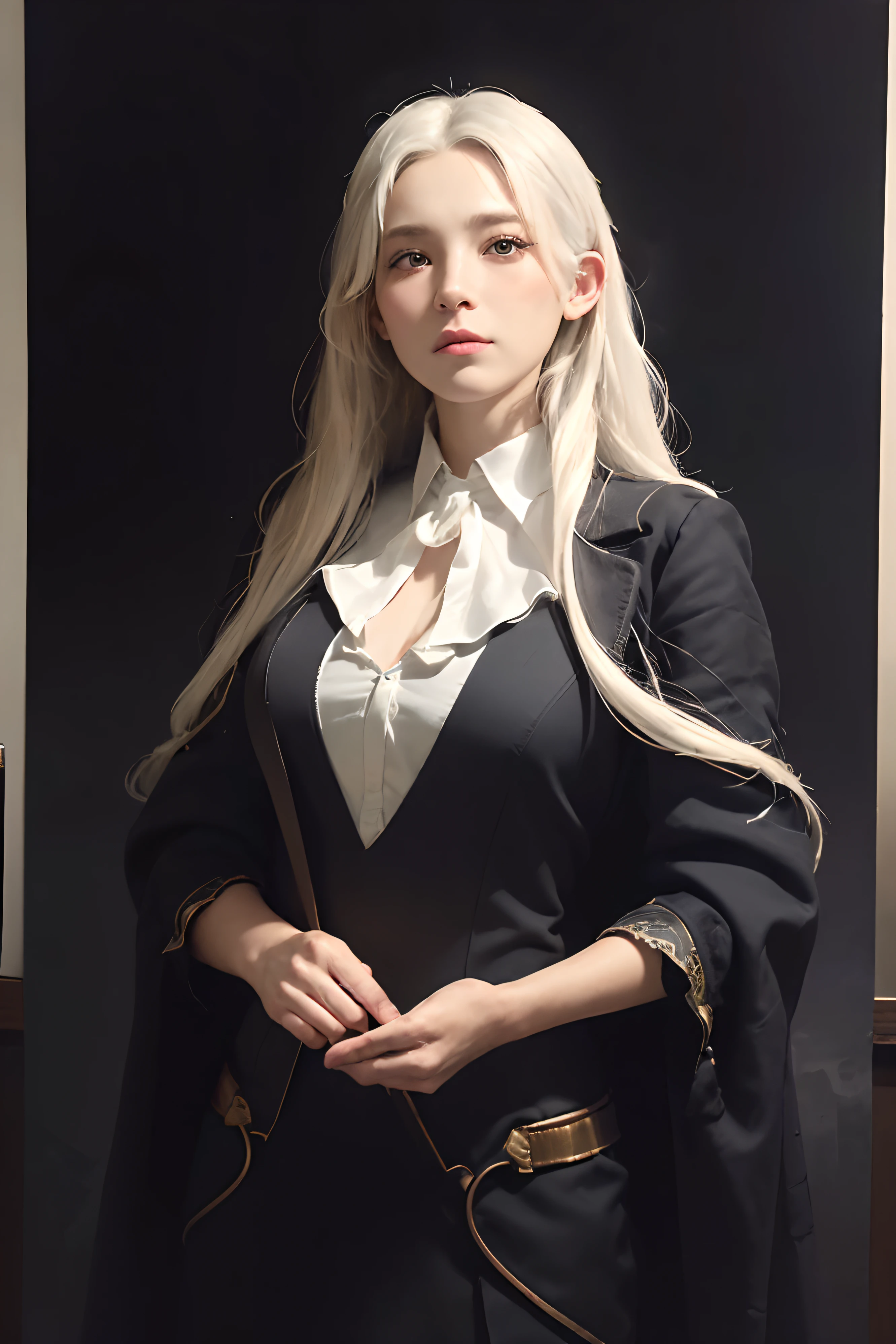 (front focus),(in the dark:1.6), Hyperrealist portrait of female by david hockney and alphonse mucha,fantasy art, photo realistic, dynamic lighting, artstation, poster, volumetric lighting, very detailed faces, 4 k, award winning,, 1girl, in the dark, deep shadow, low key,cowboy shot,(official clothing:1.4) ,long hair,white hair,