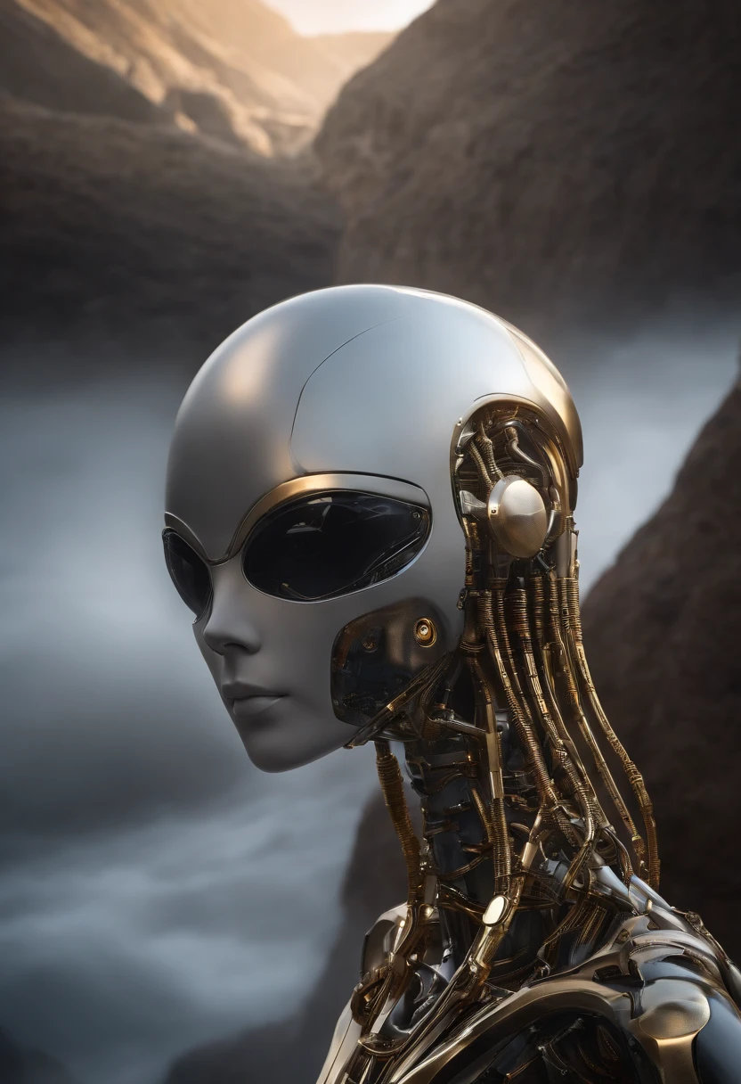 Robot adolescent, Photorealistic style, Organisme, Science-fiction, Sombre, texture lisse, exosquelette brillant, Biomechanical design, elongated head, elongated jaw, dents pointues, Hard golden eyes, slender body, Biomechanical tail, Film translucide, Cheveux blancs,ambiguous atmosphere, Paysage extraterrestre luxuriant, flore vibrante, Mysterious rock formations, atmospheric lighting, cascades en cascade, Ethereal mist, Ciel extraterrestre lointain, Fascinating celestial bodies