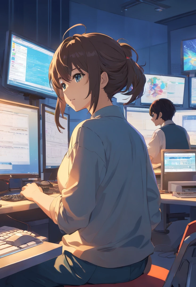There is a man sitting at a desk with two computer screens, assis devant un ordinateur, sitting in front of computer, Regarder le moniteur, affichage des graphiques boursiers, sitting at a computer desk, devant un ordinateur, commerce, Trading d’actions,
