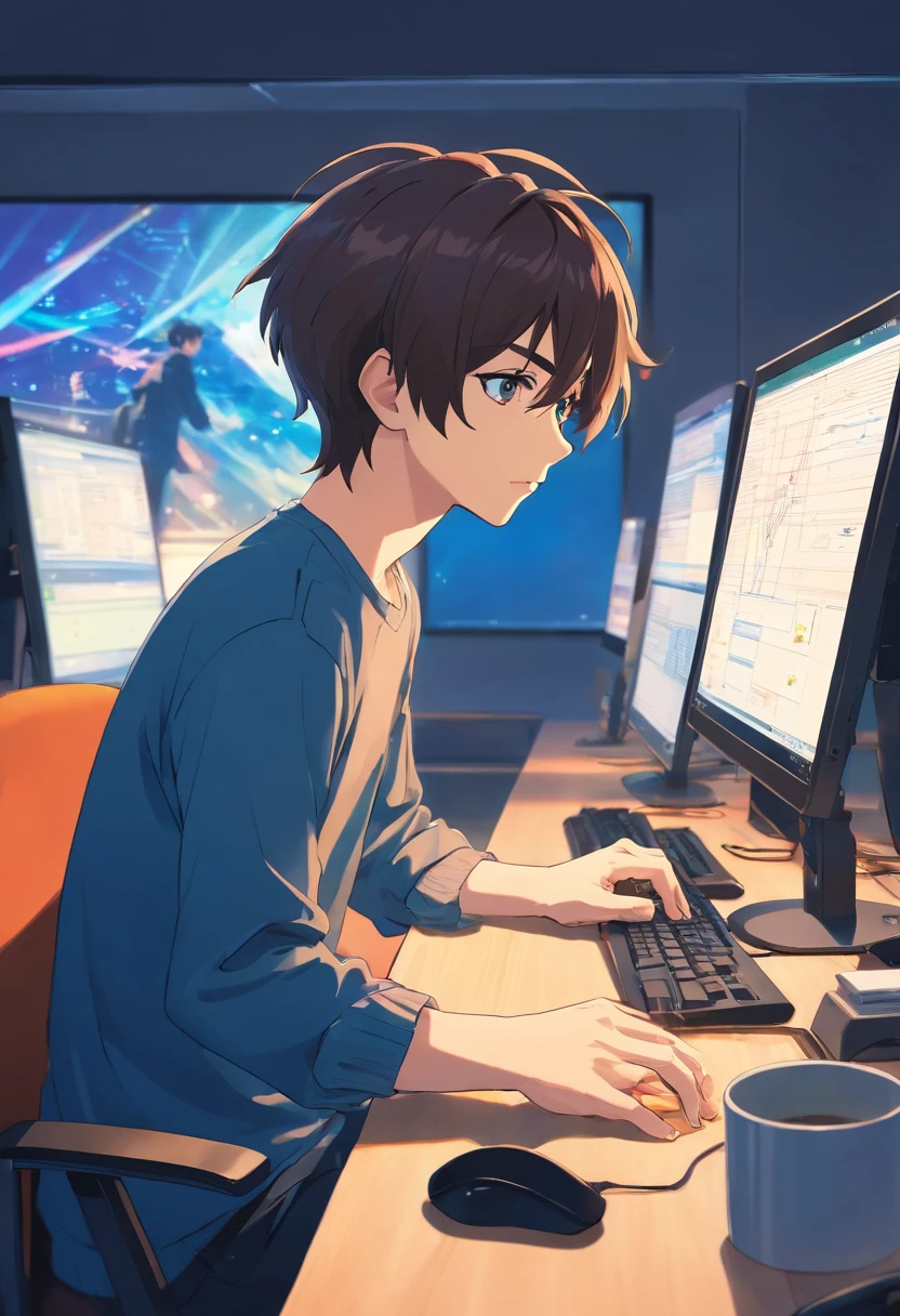 There is a man sitting at a desk with two computer screens, assis devant un ordinateur, sitting in front of computer, Regarder le moniteur, affichage des graphiques boursiers, sitting at a computer desk, devant un ordinateur, commerce, Trading d’actions,