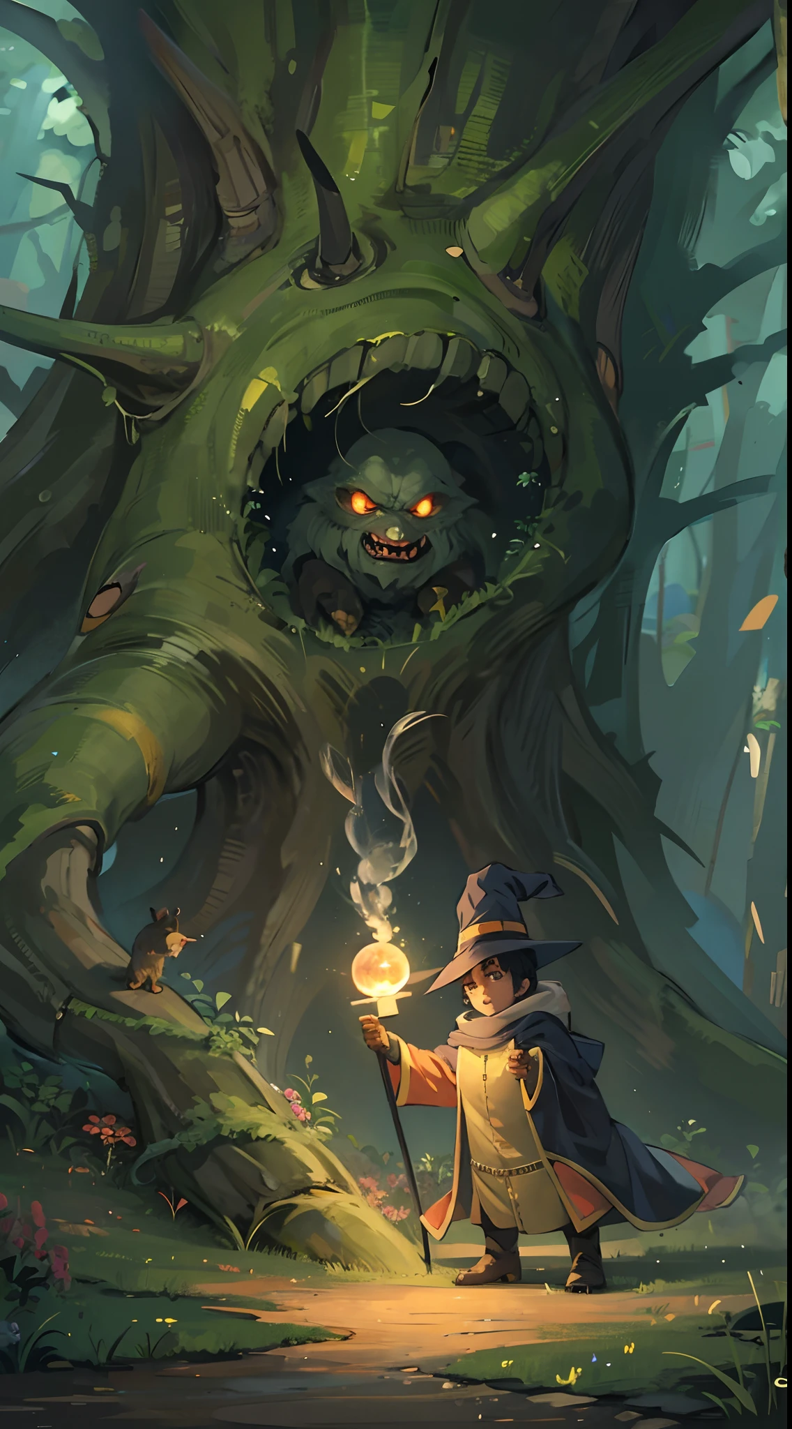 The magician comes to the forest to investigate the magic leak，Encounter monsters，combats，Launch fireballs