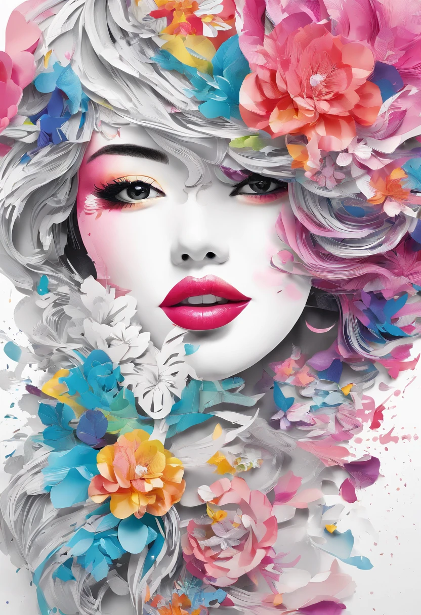 (Masterpiece, Best Quality, High Resolution), White Background, ((Paint Splash, Color Splash, Splash of Ink, Color Splash)), Sweet Chinese Girl, Rainbow Hair, Pink Lips, Front, Upper Body