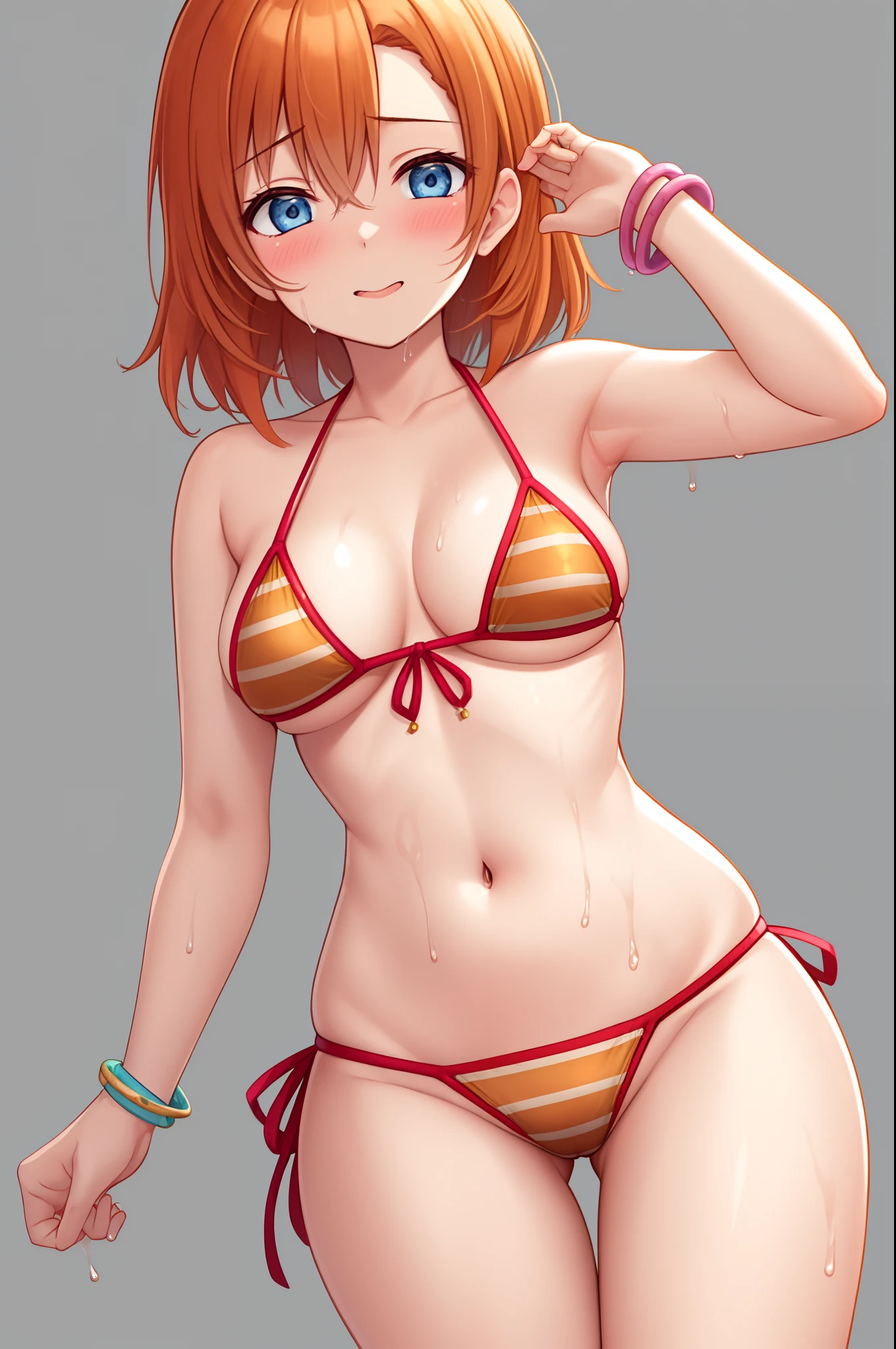 Kousaka honoka, cowboy shot, blue eyes, orange hair, sexy micro bikini, striped bikini, bracelet, sexy,curvy body, looking down at viewer, Blush, pulling bikini, simple background, white background, exposed armpits ,arm up,wet