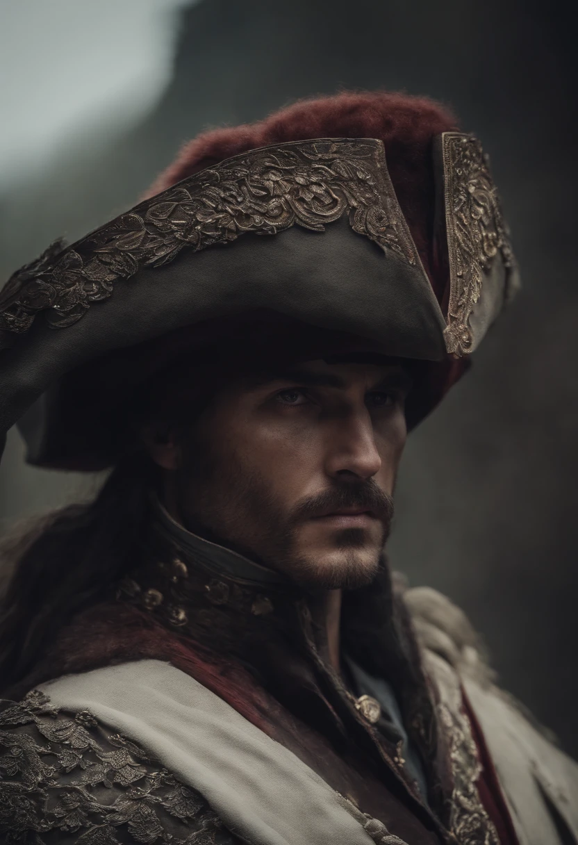 Hombre de 1,80 with a reddish robe that covers his entire body in the style of Bloodborne hunter. Su cabello es pelirrojo y corto. His eyes are blue but the left has it closed and a scar that begins with the first eyelid and ends in the last. Posee una barba sombreada y su piel es blanca. En la mano derecha sujeta una mandoble, the left is a Guts-style prosthetic arm. Todo su cuerpo se encuentra envuelto en llamas mientras mira imponente a las criaturas de la noche.