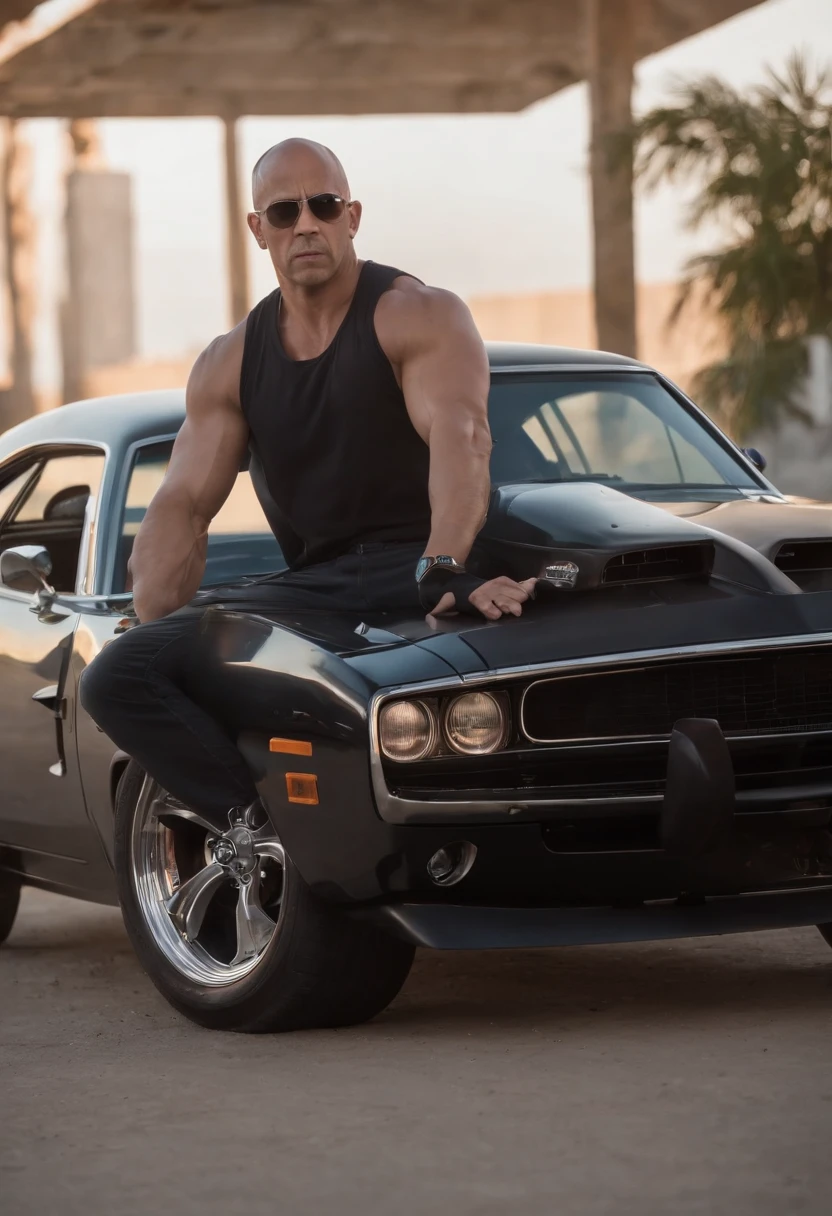 There's a man with glasses, Homens de 47 anos, Visualize Vin Diesel in his iconic role as Dominic Toretto, de la franquicia 'Velozes e Furiosos', ao lado de um poderoso Dodge Charger RT preto de 1970 em um ambiente urbano. O sol da tarde ilumina a cena, creating a warm and energetic environment. Dominic Toretto com o Dodge Charger RT de 1970, that glows with a bright metallic color and high-speed details. ((Toretto holds an empty plate in his hands)) and his intense, determined gaze reveals his determination. You may feel that something exciting is about to happen. The city lights are reflected on the body of the car, and the noise of the engines and the adrenaline are breathed into the air. XF IQ4, 150MP, 50 millimeters, ISO 1000 Certification, 1/Anos 250, Luz Natural, Adobe Lightroom, photographic lab, Foto de afinidade, PhotoDirector 365 Waiting to get started