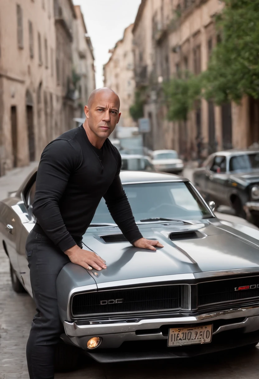 There's a man with glasses, Homens de 47 anos, Visualize Vin Diesel in his iconic role as Dominic Toretto, de la franquicia 'Velozes e Furiosos', ao lado de um poderoso Dodge Charger RT preto de 1970 em um ambiente urbano. O sol da tarde ilumina a cena, creating a warm and energetic environment. Dominic Toretto com o Dodge Charger RT de 1970, that glows with a bright metallic color and high-speed details. ((Toretto holds an empty plate in his hands)) and his intense, determined gaze reveals his determination. You may feel that something exciting is about to happen. The city lights are reflected on the body of the car, and the noise of the engines and the adrenaline are breathed into the air. XF IQ4, 150MP, 50 millimeters, ISO 1000 Certification, 1/Anos 250, Luz Natural, Adobe Lightroom, photographic lab, Foto de afinidade, PhotoDirector 365 Waiting to get started