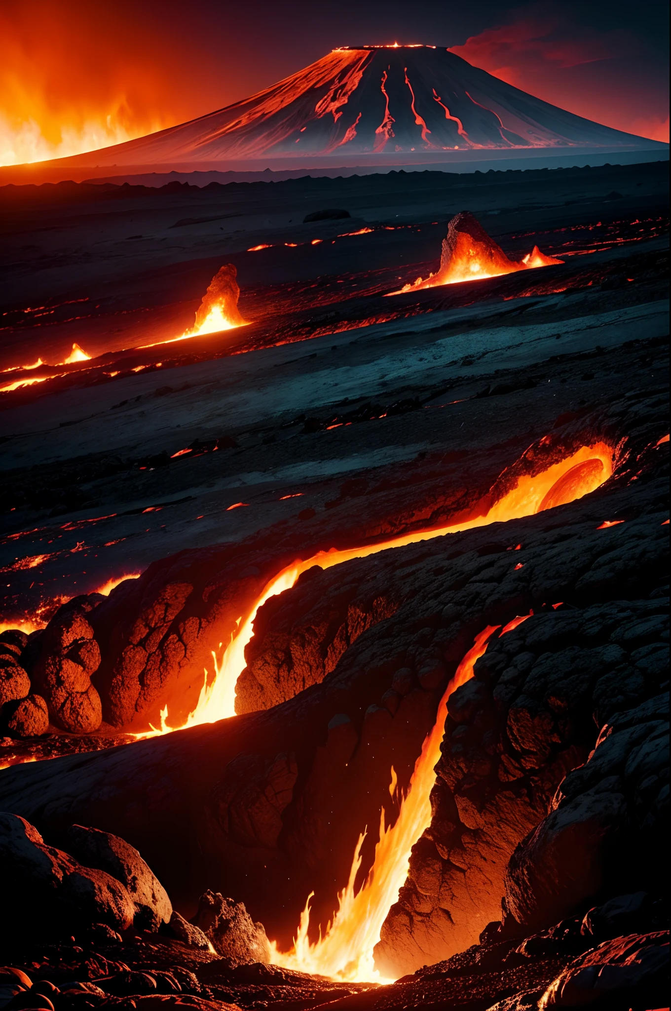 river of lava in forest on fire and with dense smoke