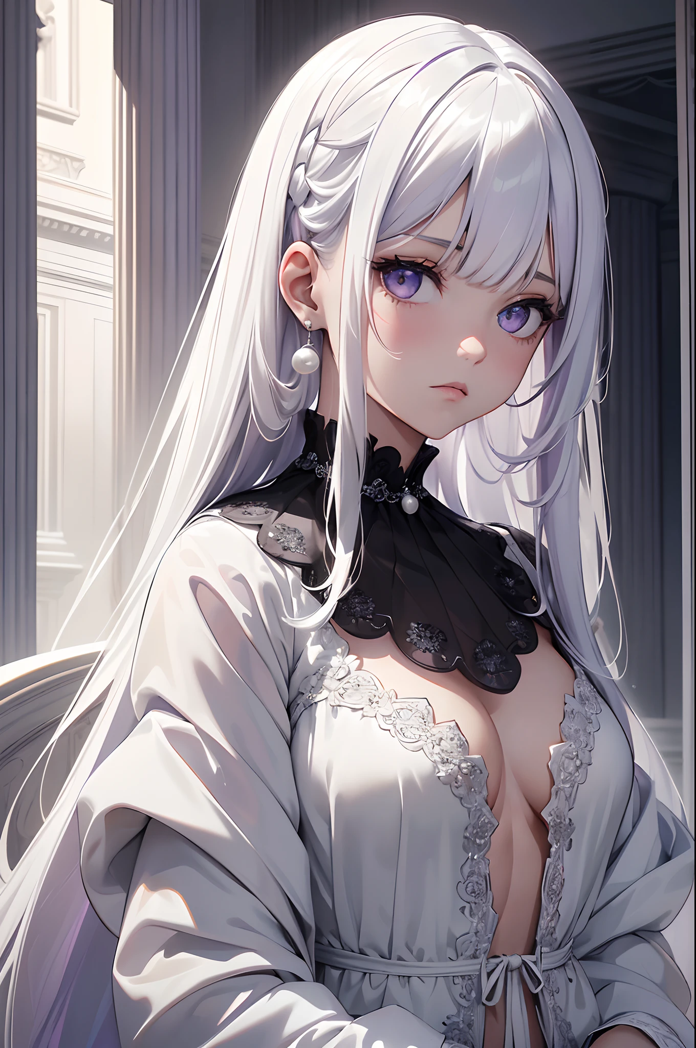 (Best quality, highest resolution, 8k, portrait, 1 girl, young girl, masterpiece, solo), white hair, long straight hair, (purple side_bangs, black fringes), expressionless face, oval head, big white pearls as accessories, white pearls necklace, intricate white robe, grey peplum shirt, marble ruins in background, shades of grey and azure