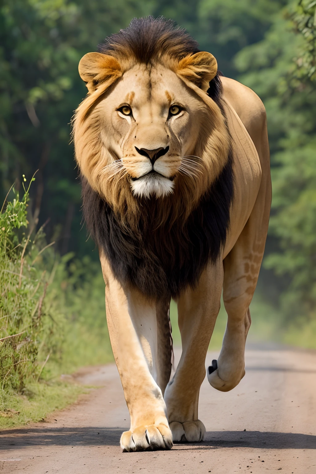 (best quality,4k,8k,highres,masterpiece:1.2),ultra-detailed,(realistic,photorealistic,photo-realistic:1.37),a lion crossing road,roaring loudly,standing tall and majestic,wildlife in action,wilderness at its best,african safari adventure,unpredictable and dangerous,lush green surroundings,vivid colors,natural habitat showcased,powerful presence of the king of the jungle,intense gaze commanding respect,intertwining shadows and sunlight,golden mane shimmering in the light,beady eyes filled with determination,fierce and untamed,encounter with wild beauty,perfect balance of grace and power,lush foliage framing the scene,moment frozen in time,every muscle defined and strong,surreal atmosphere,being in the presence of royalty,heart-pounding excitement during the encounter with the lion,roaring echoes through the surroundings,majestic creature in its element,captivating and awe-inspiring,raw and untamed nature captured on canvas,admiring the beauty of the wild,a fleeting glimpse into the life of a predator,lion's regal stride on the road,elevated perspective capturing the grandeur of the lion,wildlife photography at its finest.